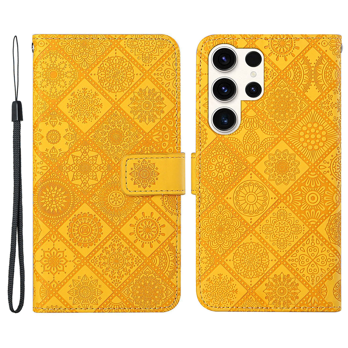 For Samsung Galaxy S24 Ultra Case Wallet Imprinted Flower Phone Cover - Yellow