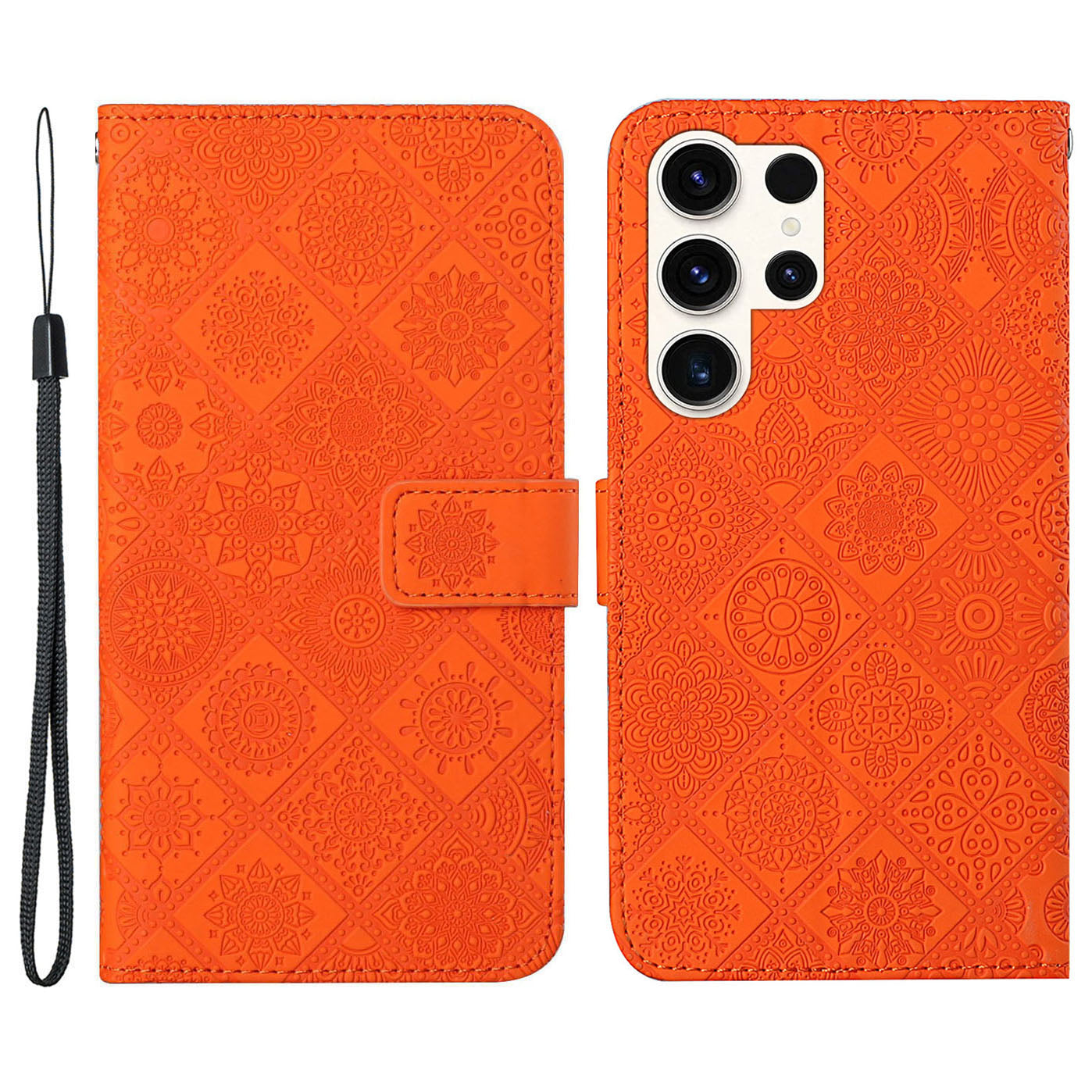 For Samsung Galaxy S24 Ultra Case Wallet Imprinted Flower Phone Cover - Orange