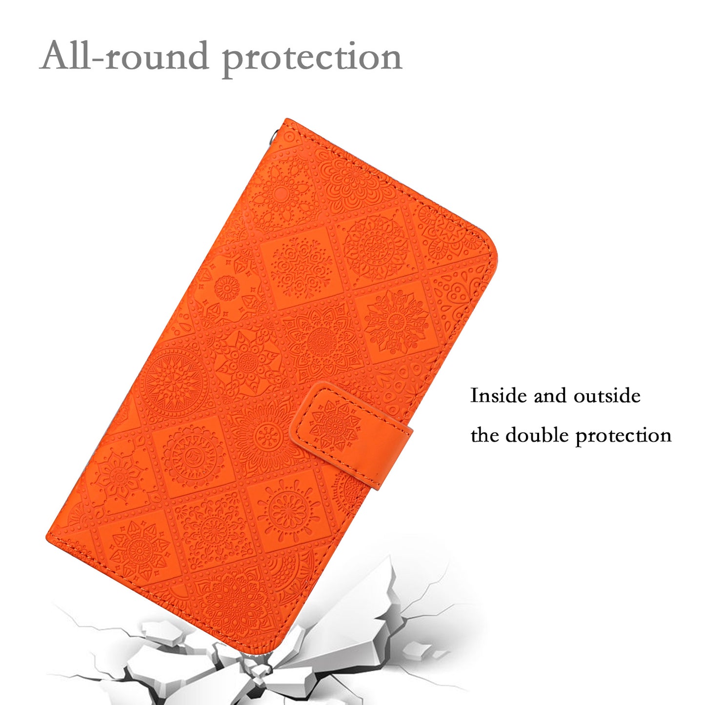 For Samsung Galaxy S24 Ultra Case Wallet Imprinted Flower Phone Cover - Orange