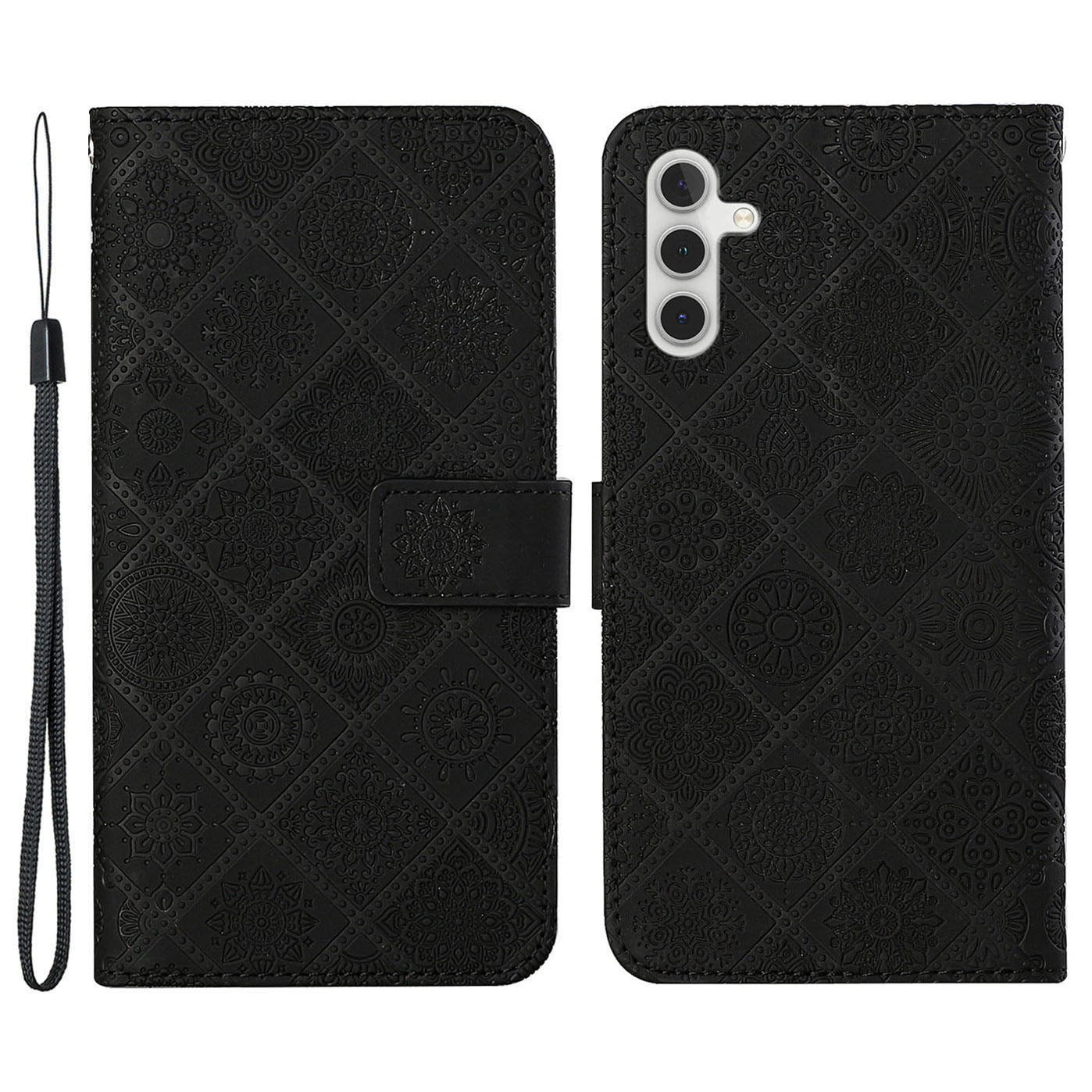 For Samsung Galaxy S24 Case Wallet Imprinted Flower Leather Cover - Black