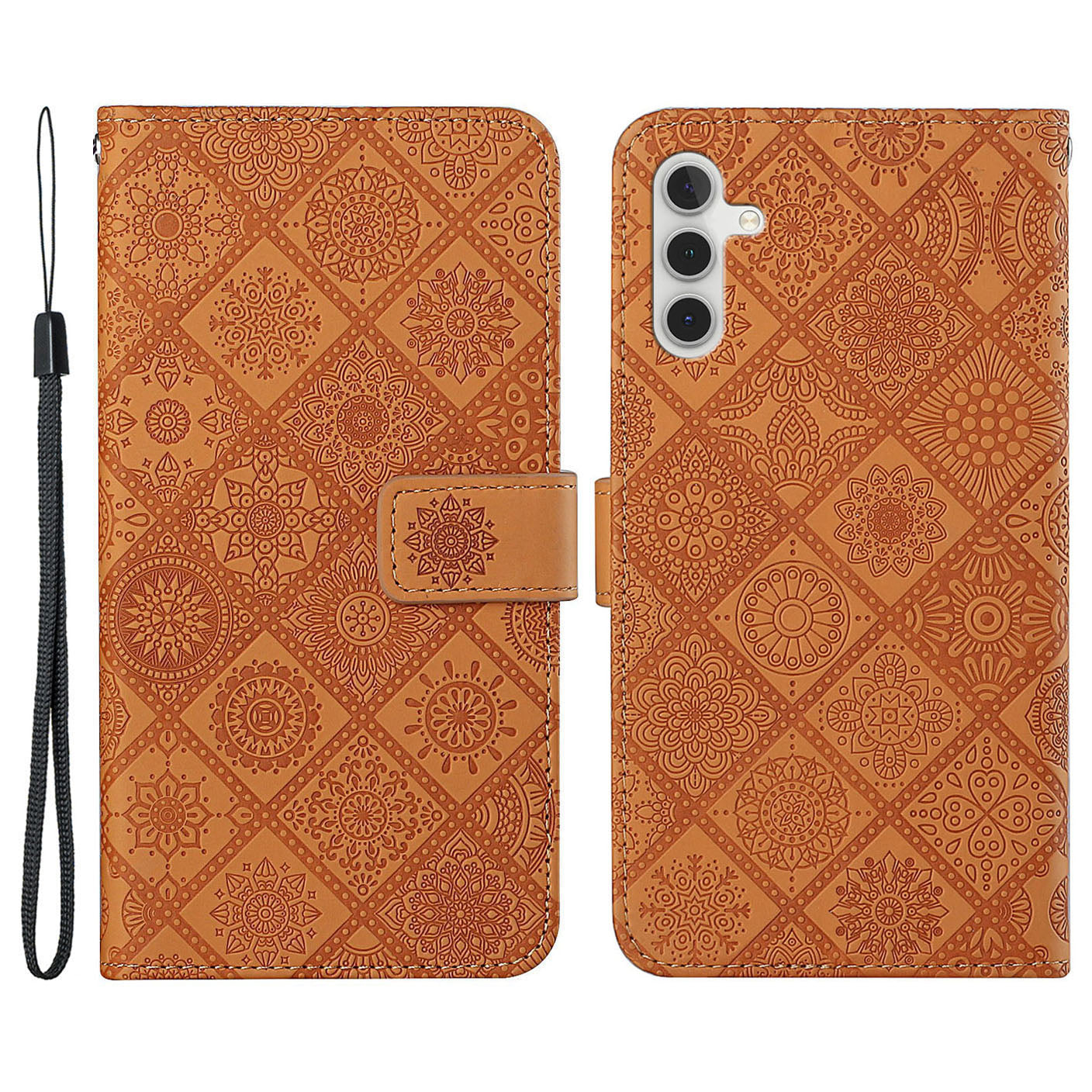For Samsung Galaxy S24 Case Wallet Imprinted Flower Leather Cover - Brown