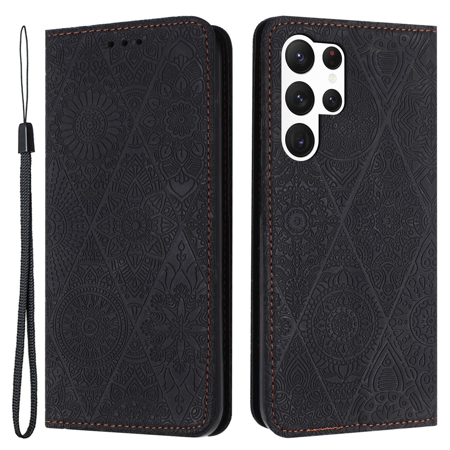 For Samsung Galaxy S24 Ultra Case Imprinted Flower Wallet Phone Cover - Black