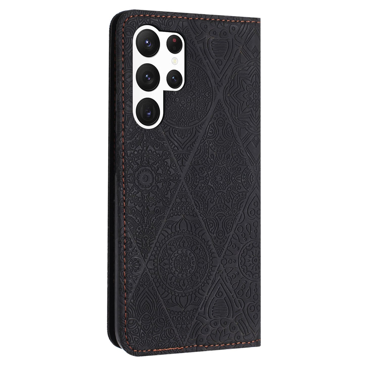 For Samsung Galaxy S24 Ultra Case Imprinted Flower Wallet Phone Cover - Black