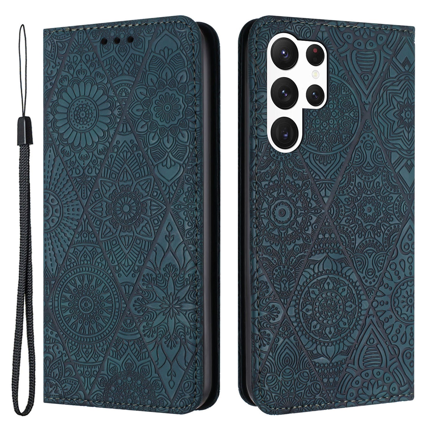 For Samsung Galaxy S24 Ultra Case Imprinted Flower Wallet Phone Cover - Blue