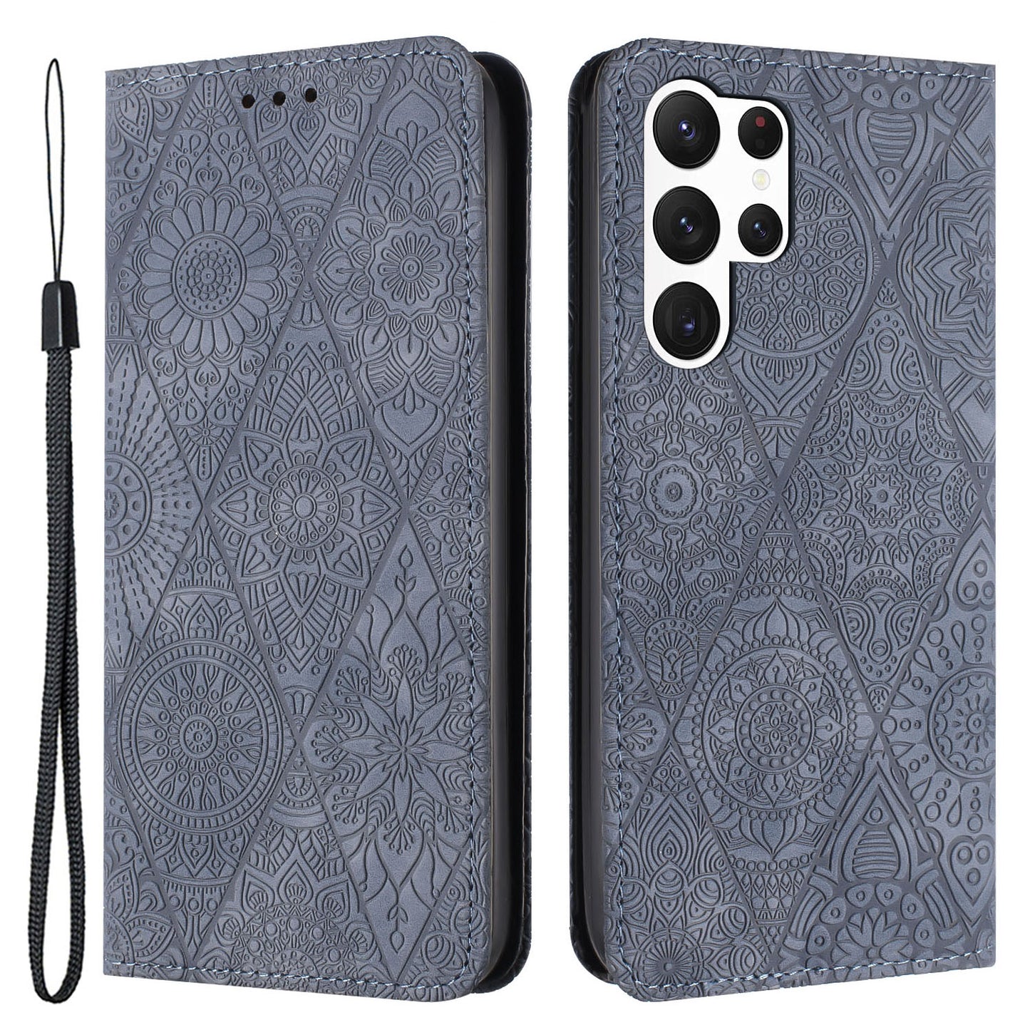 For Samsung Galaxy S24 Ultra Case Imprinted Flower Wallet Phone Cover - Grey
