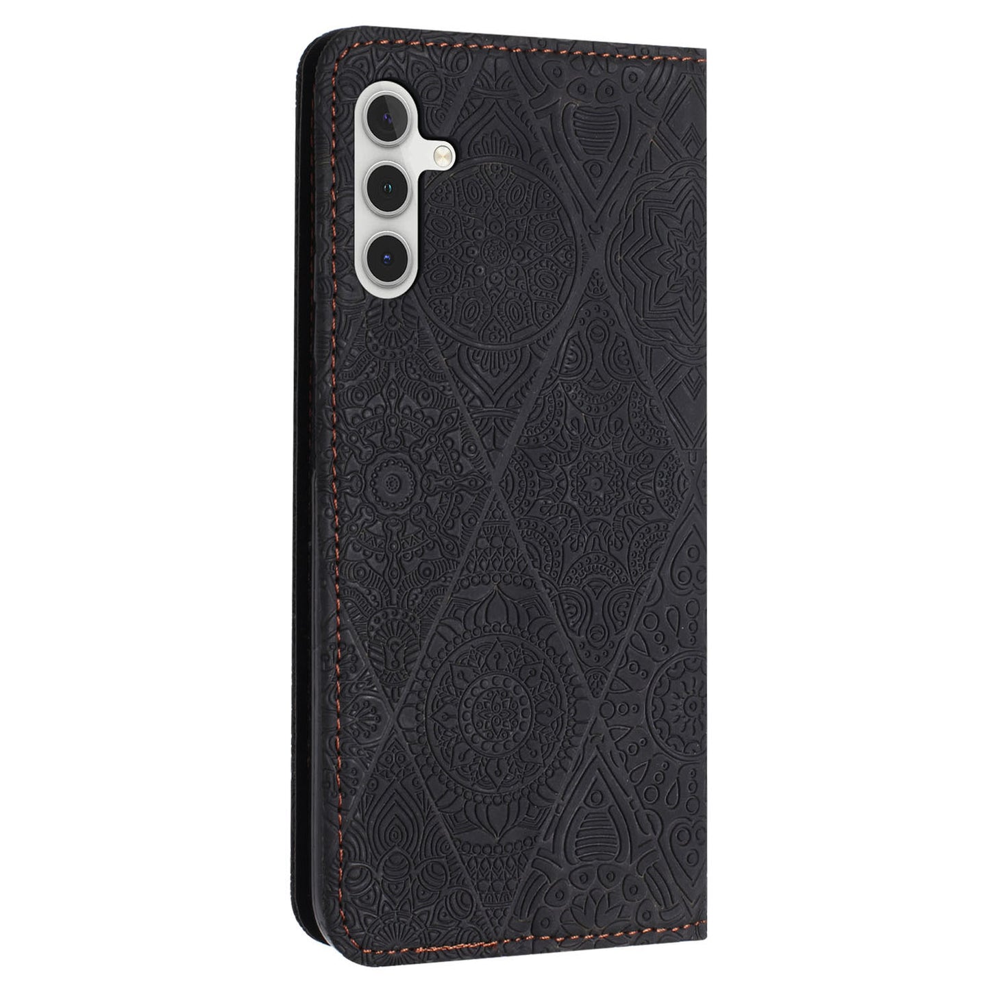 For Samsung Galaxy S24+ Case Imprinted Flower Leather Cover with Wallet Stand - Black