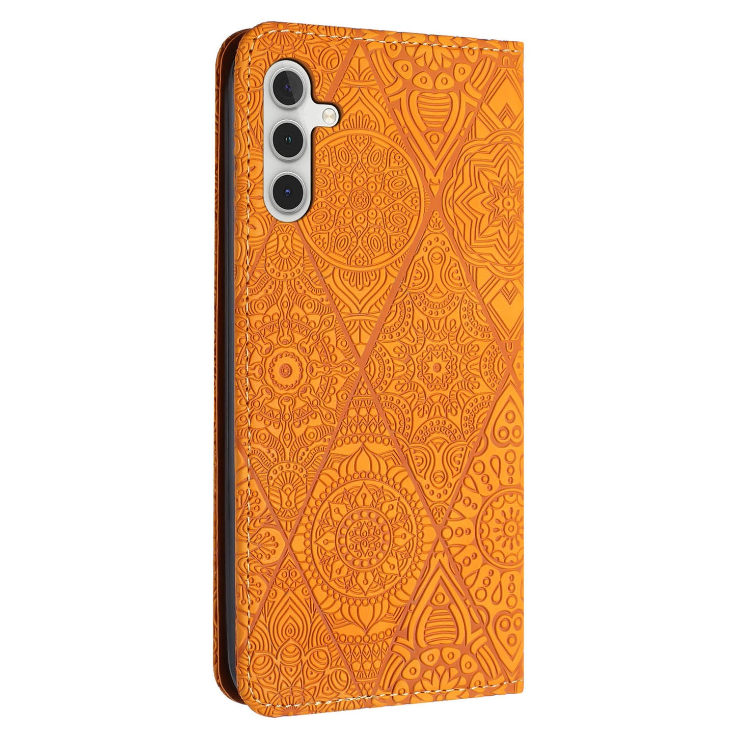 For Samsung Galaxy S24+ Case Imprinted Flower Leather Cover with Wallet Stand - Yellow