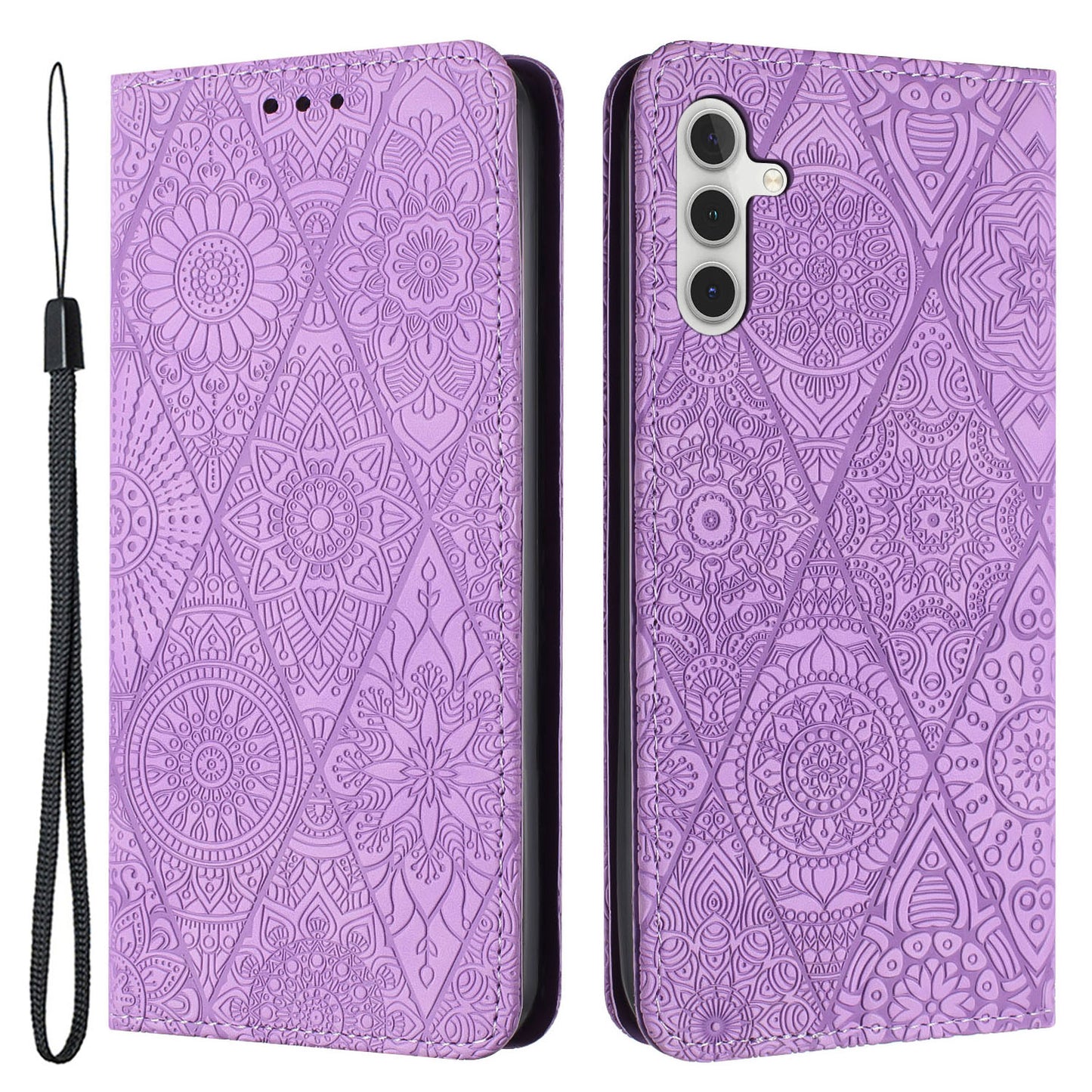 For Samsung Galaxy S24+ Case Imprinted Flower Leather Cover with Wallet Stand - Purple