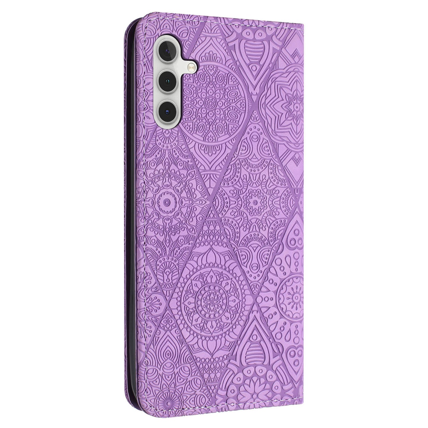 For Samsung Galaxy S24+ Case Imprinted Flower Leather Cover with Wallet Stand - Purple