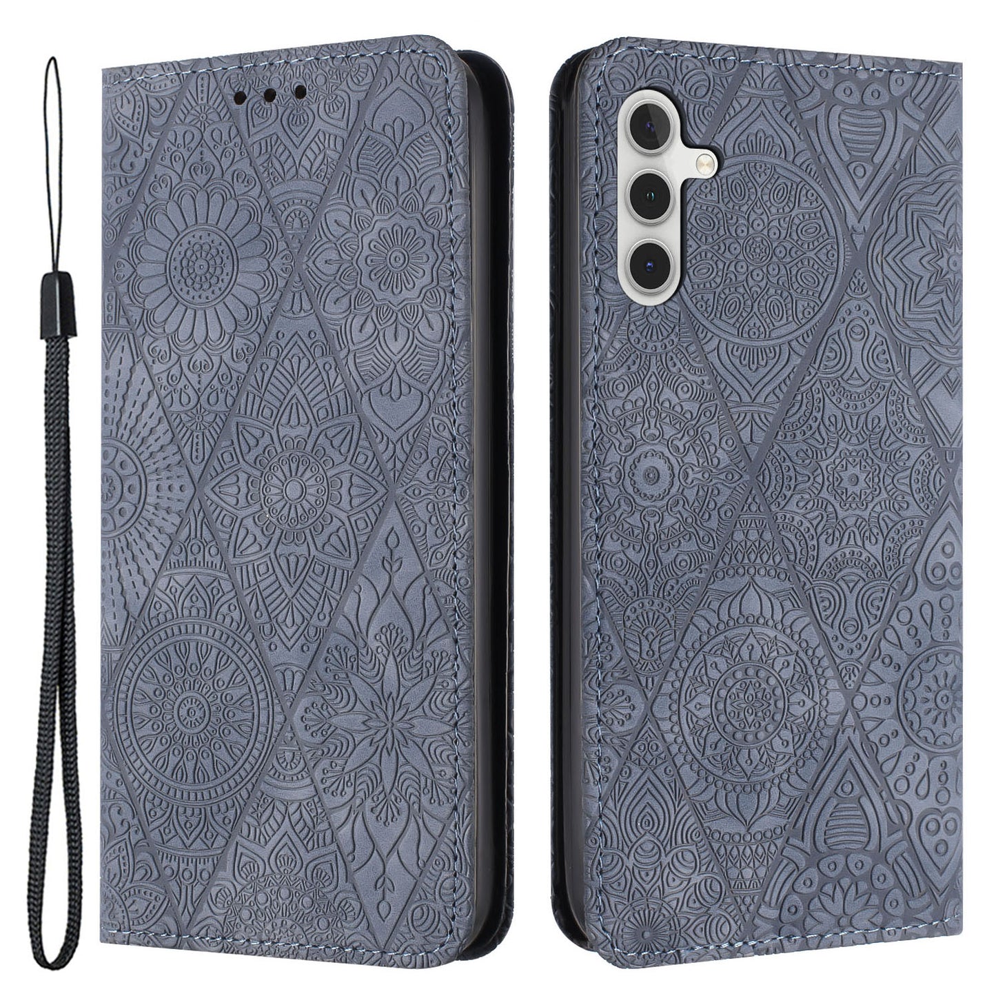 For Samsung Galaxy S24+ Case Imprinted Flower Leather Cover with Wallet Stand - Grey