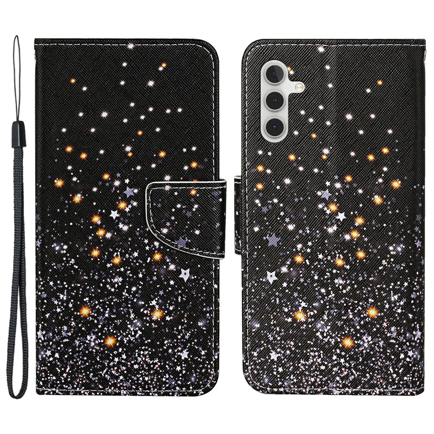 For Samsung Galaxy S24+ Case PU Leather Cross Texture Pattern Printing Phone Cover with Wrist Strap - Shattered Stars
