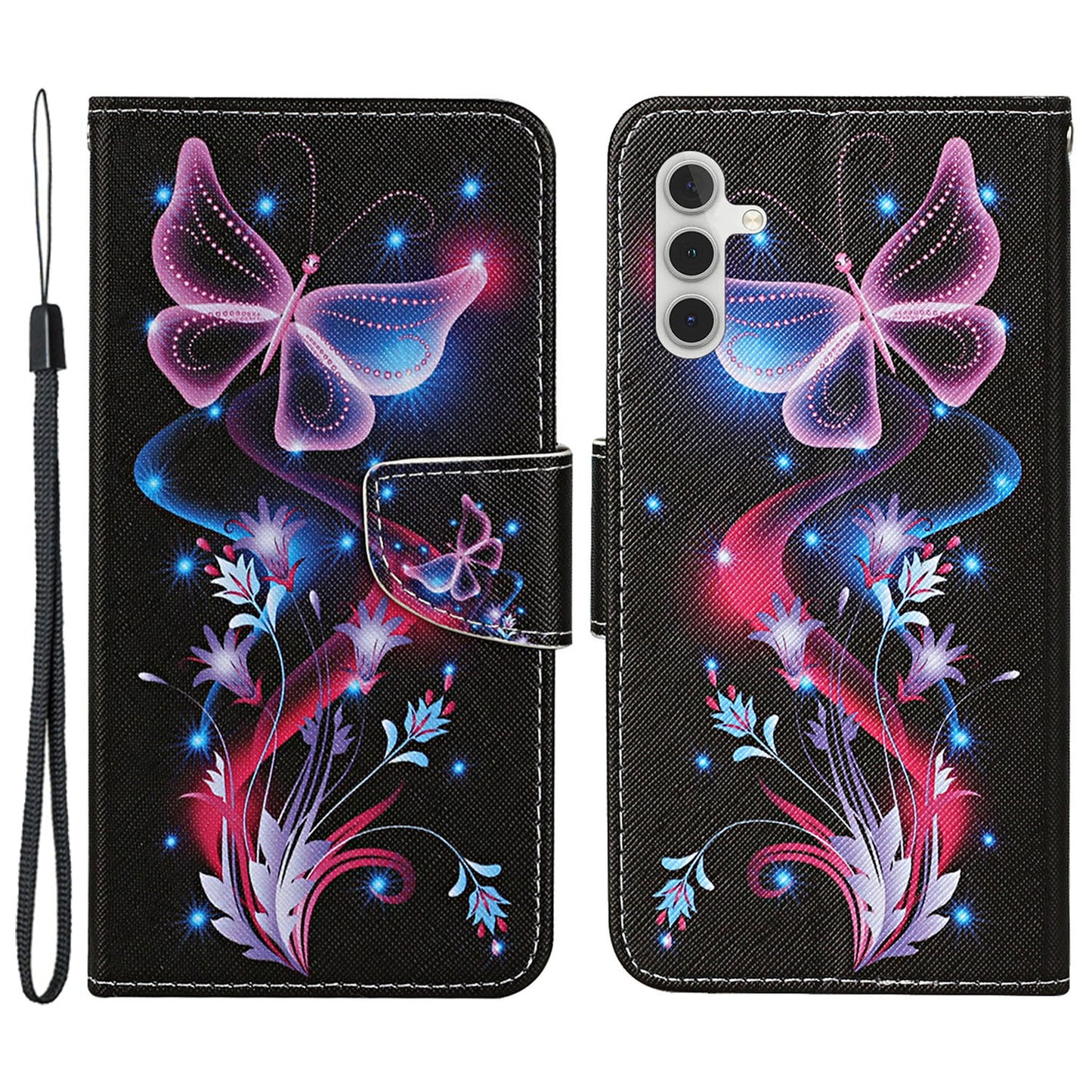 For Samsung Galaxy S24+ Case PU Leather Cross Texture Pattern Printing Phone Cover with Wrist Strap -  Fluorescent Butterflies