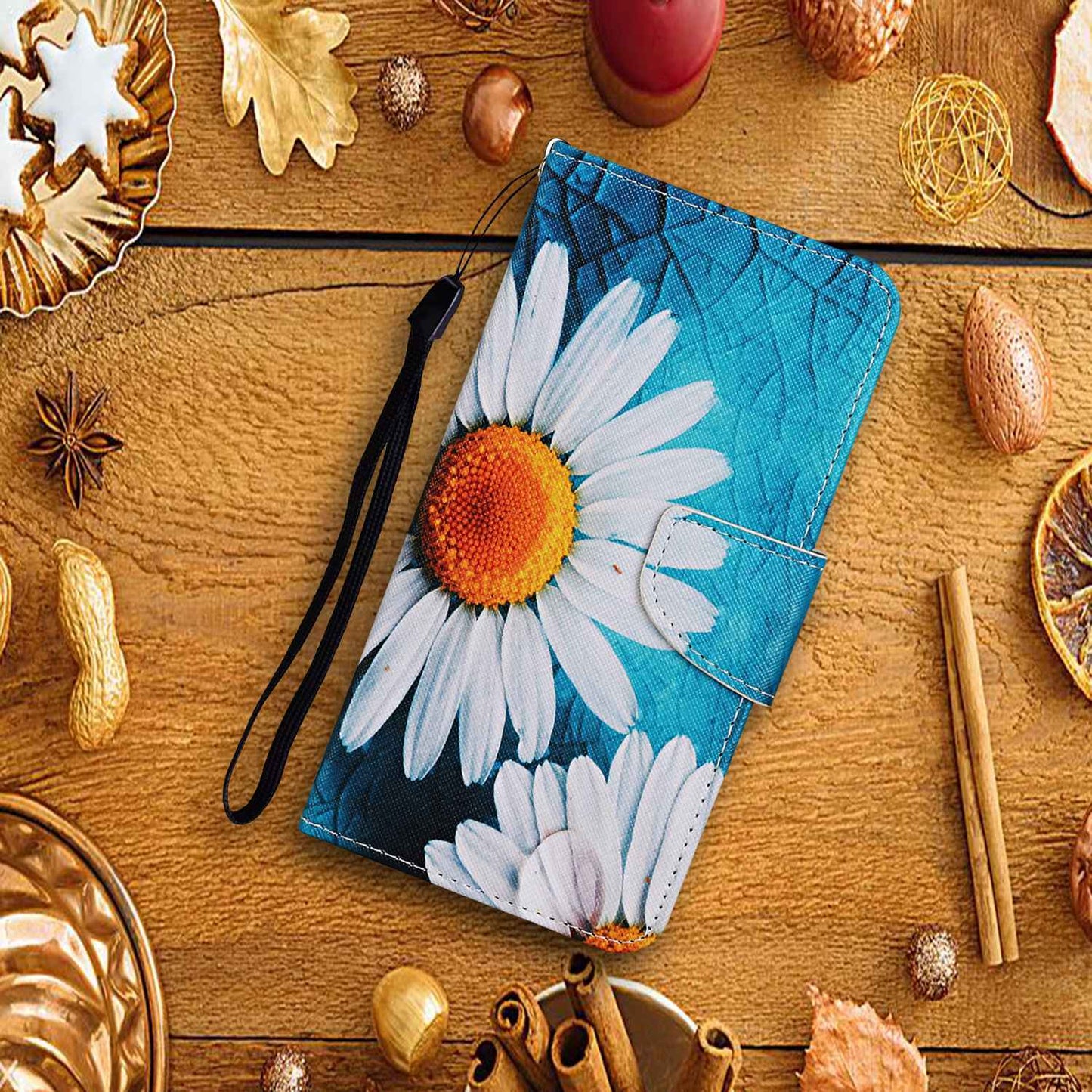 For Samsung Galaxy S24+ Case PU Leather Cross Texture Pattern Printing Phone Cover with Wrist Strap -  Large Chrysanthemum