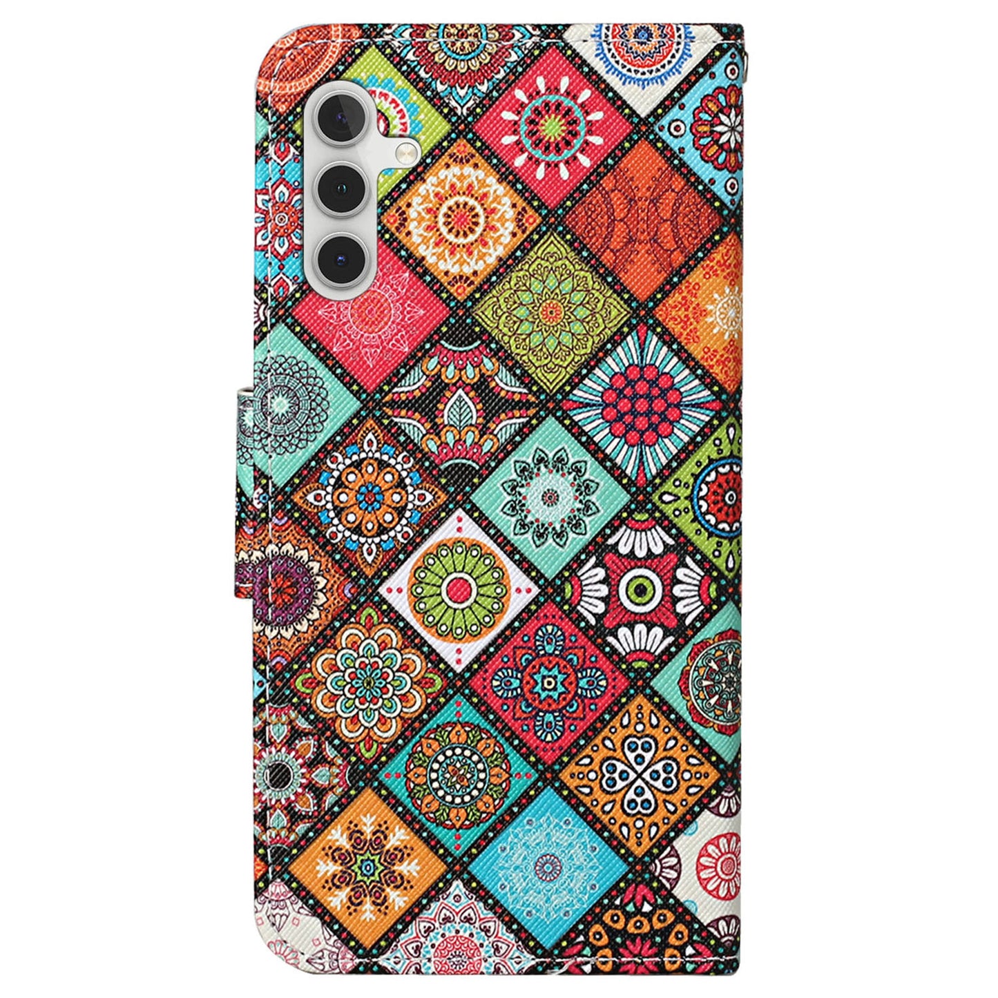 For Samsung Galaxy S24+ Case PU Leather Cross Texture Pattern Printing Phone Cover with Wrist Strap - Ethnic Style