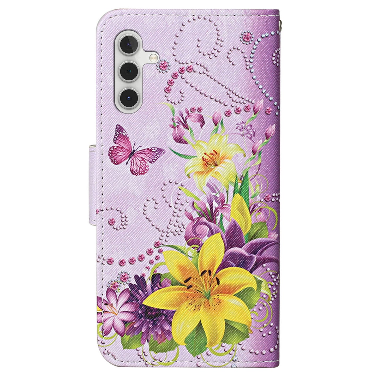 For Samsung Galaxy S24+ Case PU Leather Cross Texture Pattern Printing Phone Cover with Wrist Strap - Yellow Flowers  /  Butterflies