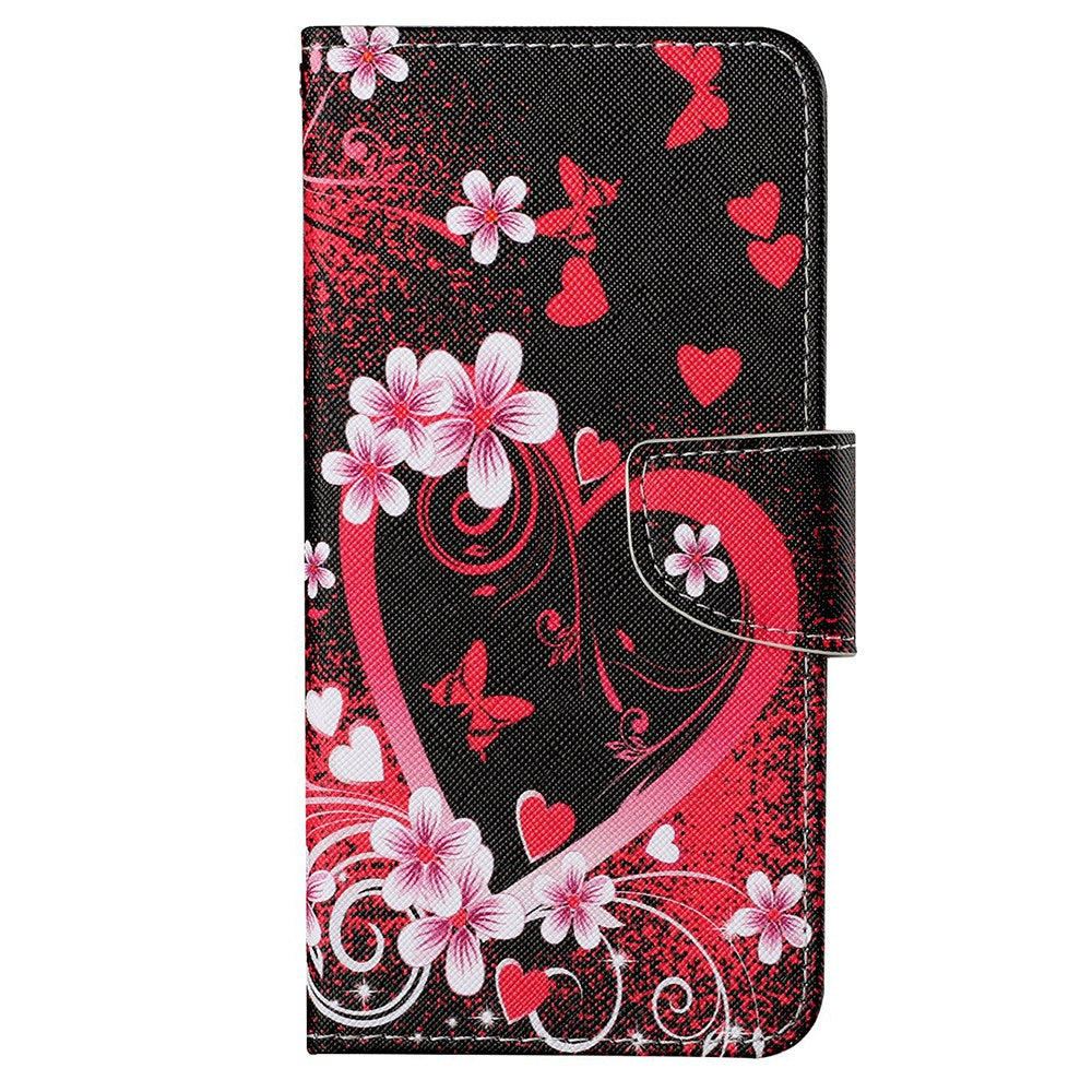 For Samsung Galaxy S24+ Case PU Leather Cross Texture Pattern Printing Phone Cover with Wrist Strap - Red Heart