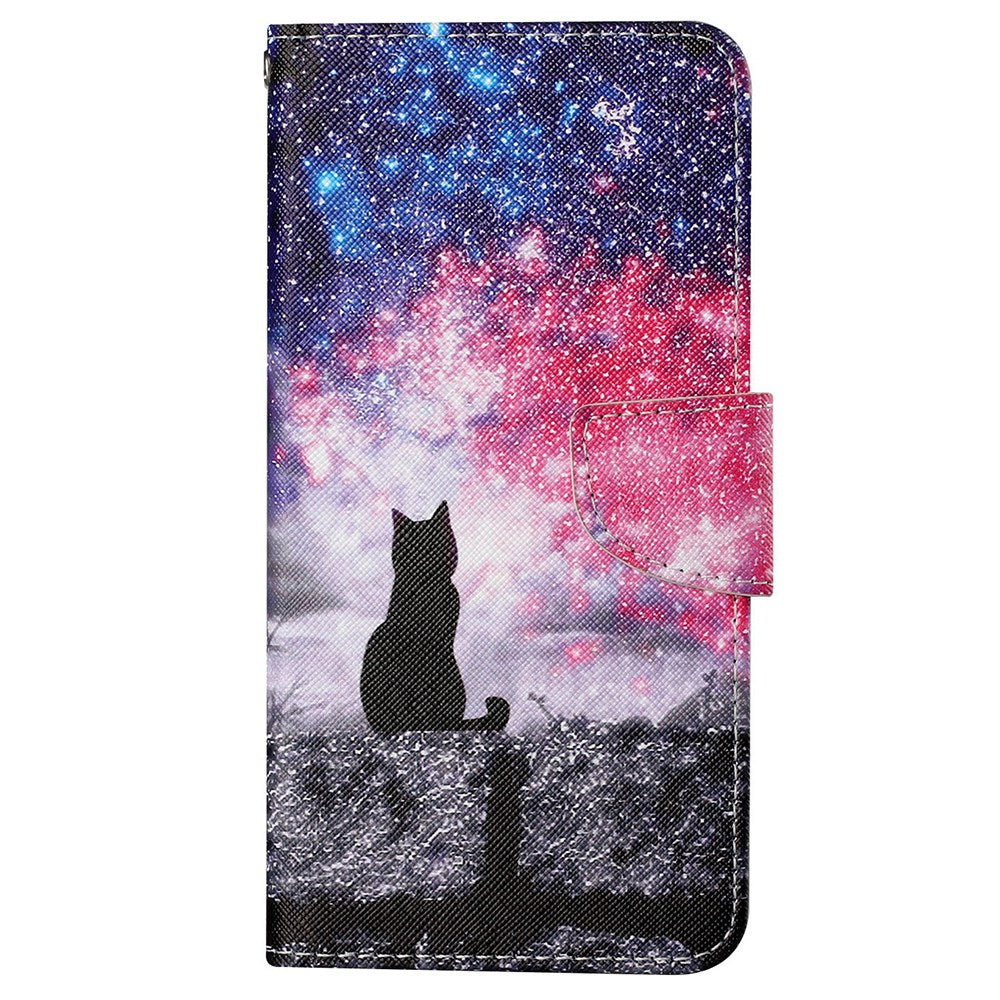 For Samsung Galaxy S24+ Case PU Leather Cross Texture Pattern Printing Phone Cover with Wrist Strap - Starry Sky  /  Cat