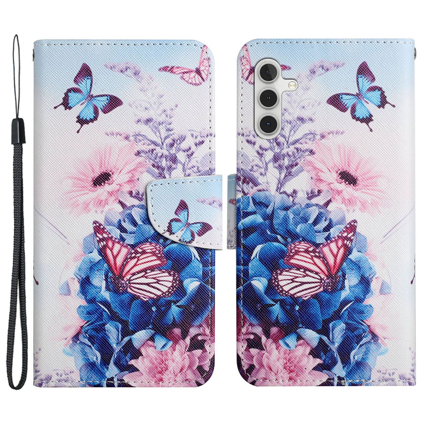 For Samsung Galaxy S24+ Case PU Leather Cross Texture Pattern Printing Phone Cover with Wrist Strap - Purple Butterflies