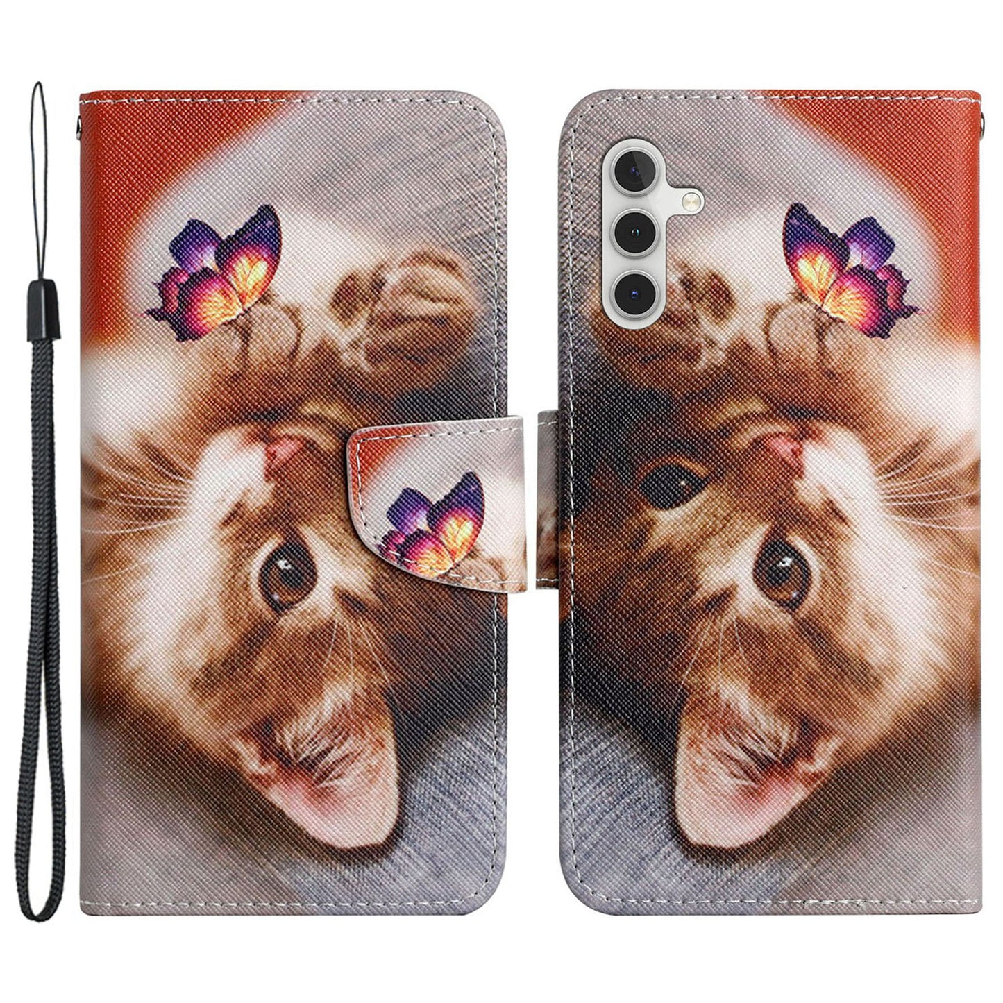 For Samsung Galaxy S24+ Case PU Leather Cross Texture Pattern Printing Phone Cover with Wrist Strap - Butterfly  /  Cat