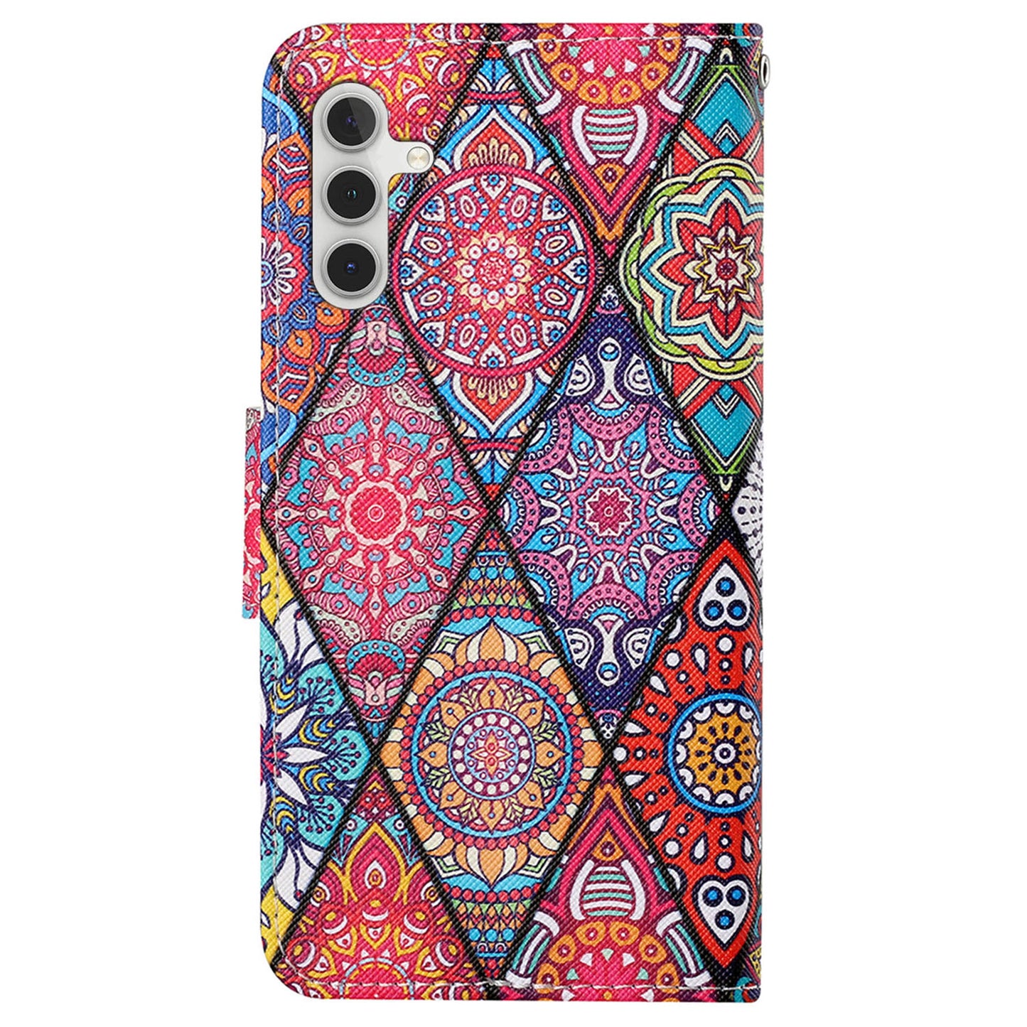 For Samsung Galaxy S24+ Case PU Leather Cross Texture Pattern Printing Phone Cover with Wrist Strap - Rhombus  /  Totem