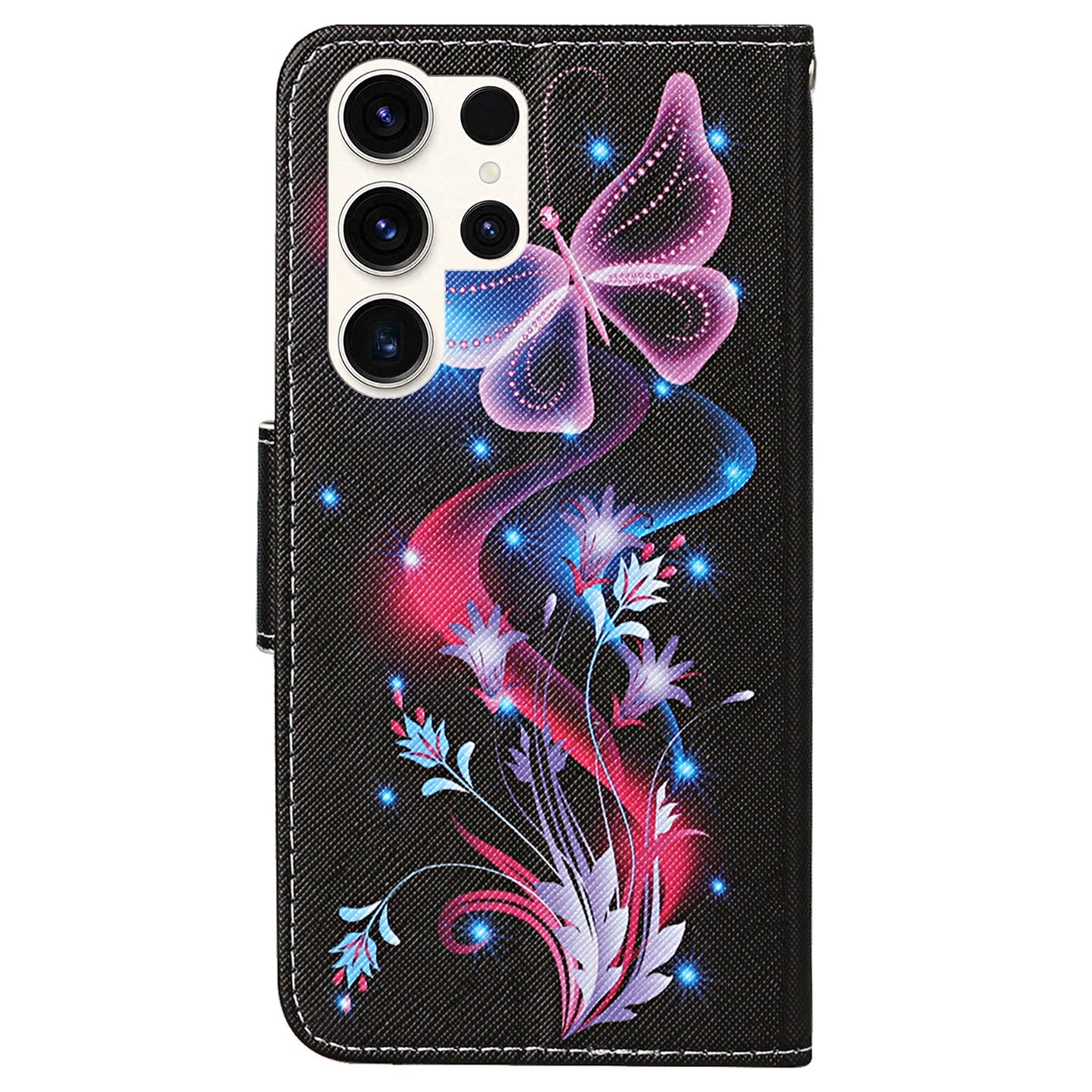 For Samsung Galaxy S24 Ultra PU Leather Case Cross Texture Phone Stand Cover with Wrist Strap - Fluorescent Butterflies