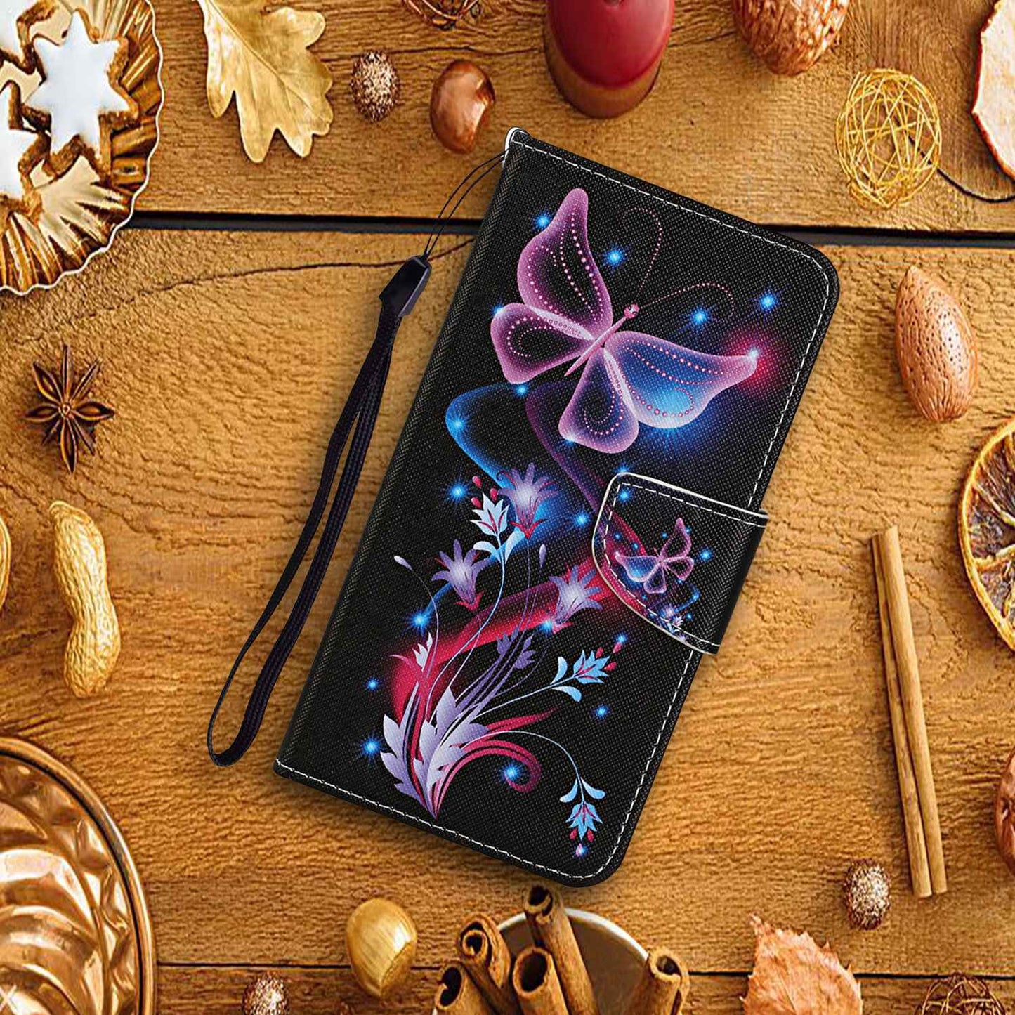 For Samsung Galaxy S24 Ultra PU Leather Case Cross Texture Phone Stand Cover with Wrist Strap - Fluorescent Butterflies
