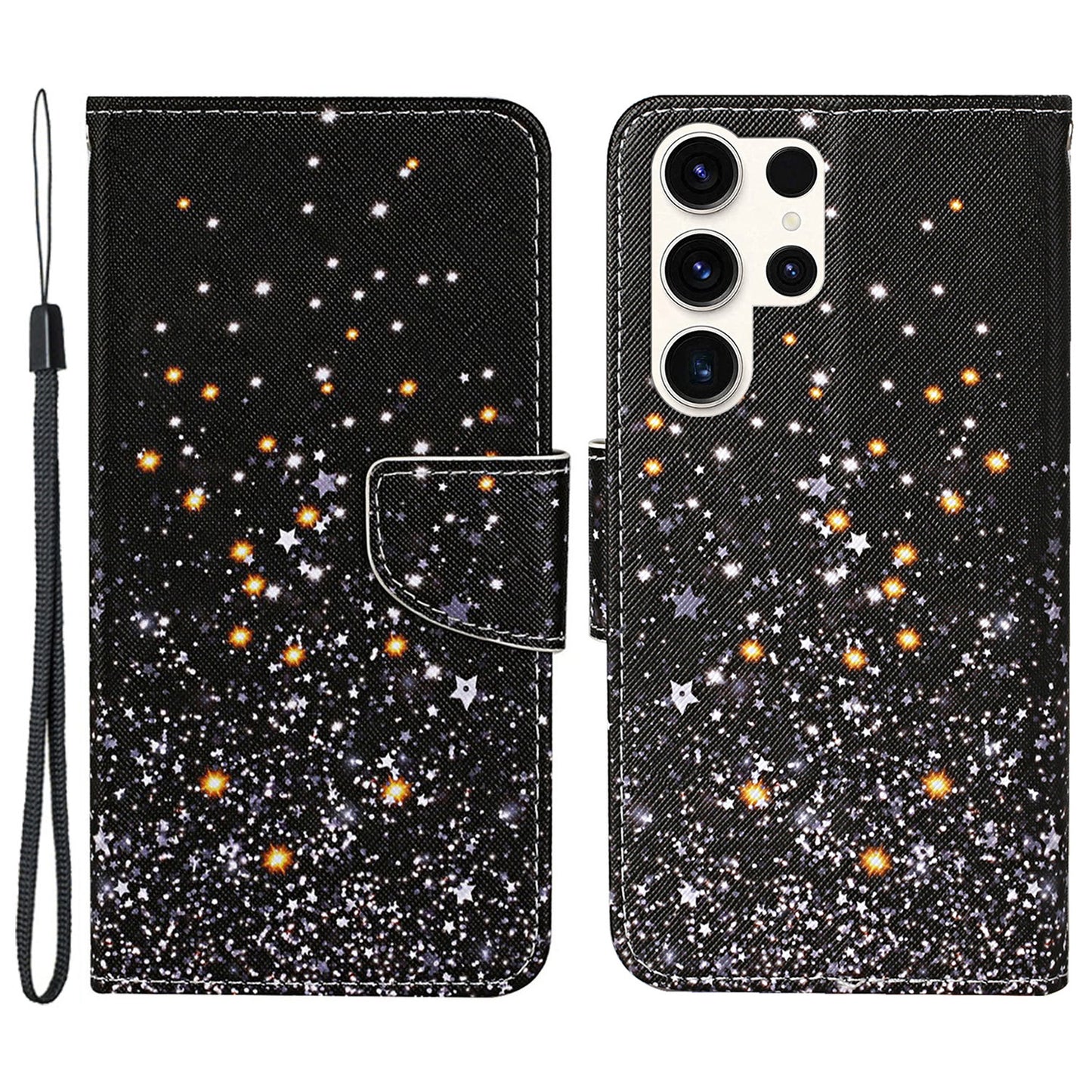 For Samsung Galaxy S24 Ultra PU Leather Case Cross Texture Phone Stand Cover with Wrist Strap - Shattered Stars