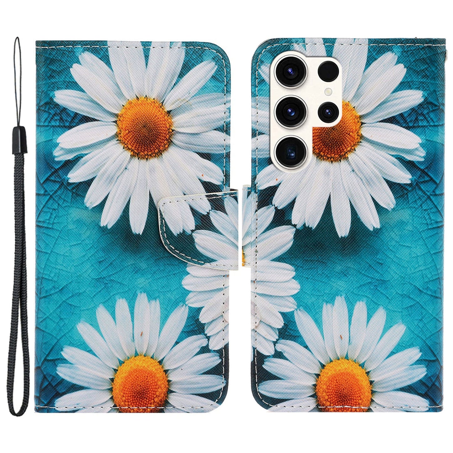 For Samsung Galaxy S24 Ultra PU Leather Case Cross Texture Phone Stand Cover with Wrist Strap - Chrysanthemum
