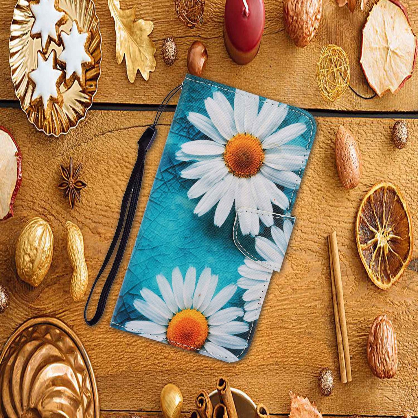 For Samsung Galaxy S24 Ultra PU Leather Case Cross Texture Phone Stand Cover with Wrist Strap - Chrysanthemum