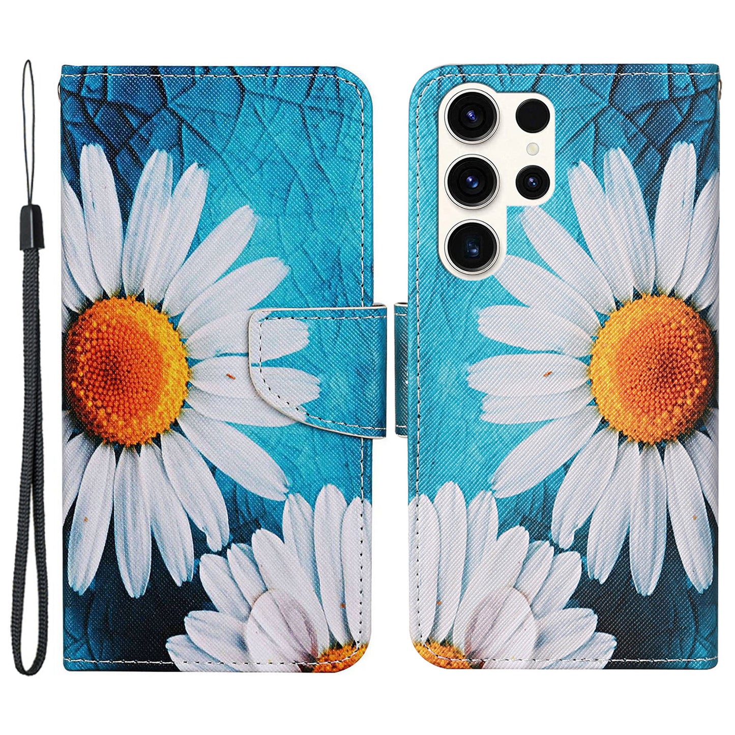 For Samsung Galaxy S24 Ultra PU Leather Case Cross Texture Phone Stand Cover with Wrist Strap - Large Chrysanthemum