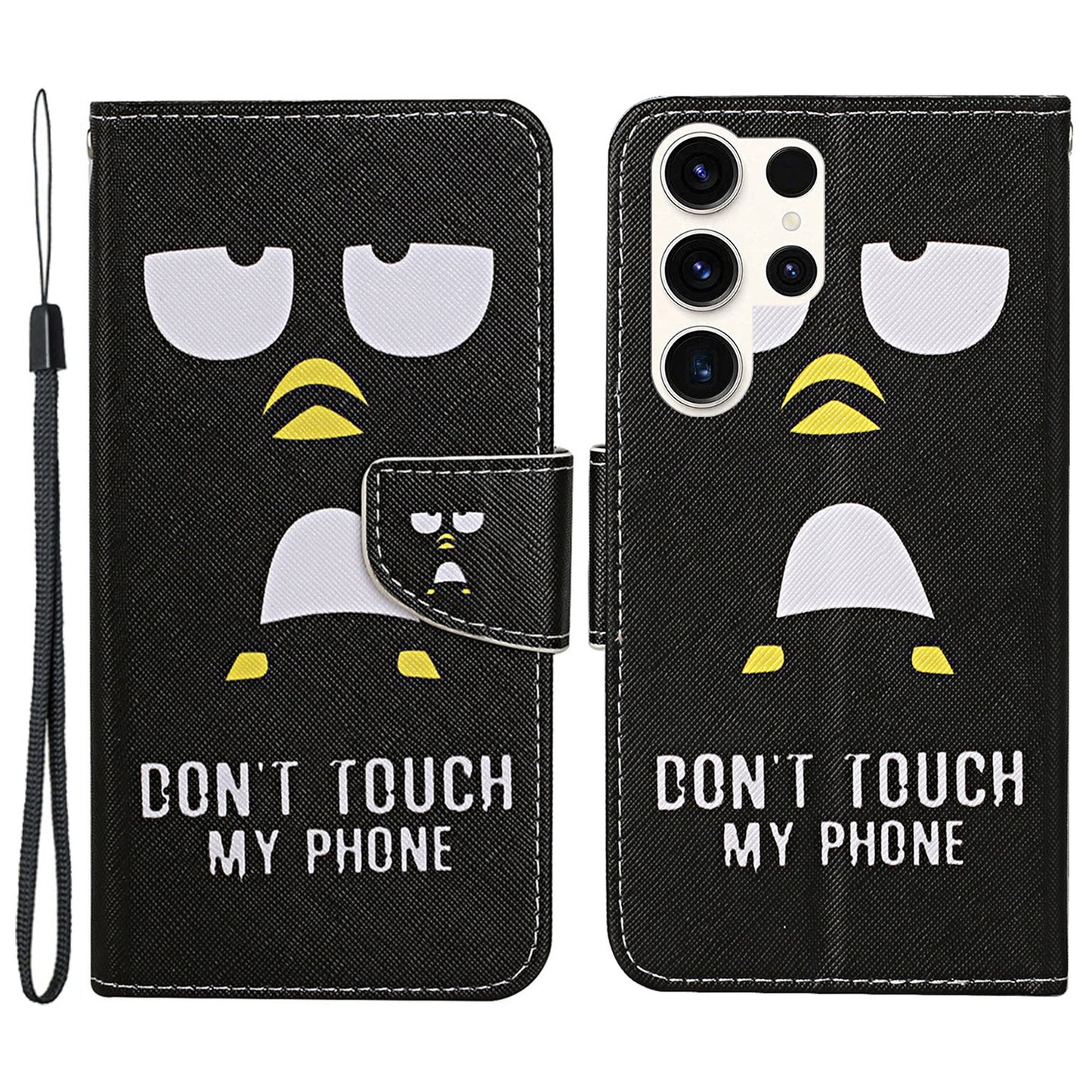 For Samsung Galaxy S24 Ultra PU Leather Case Cross Texture Phone Stand Cover with Wrist Strap - Penguin