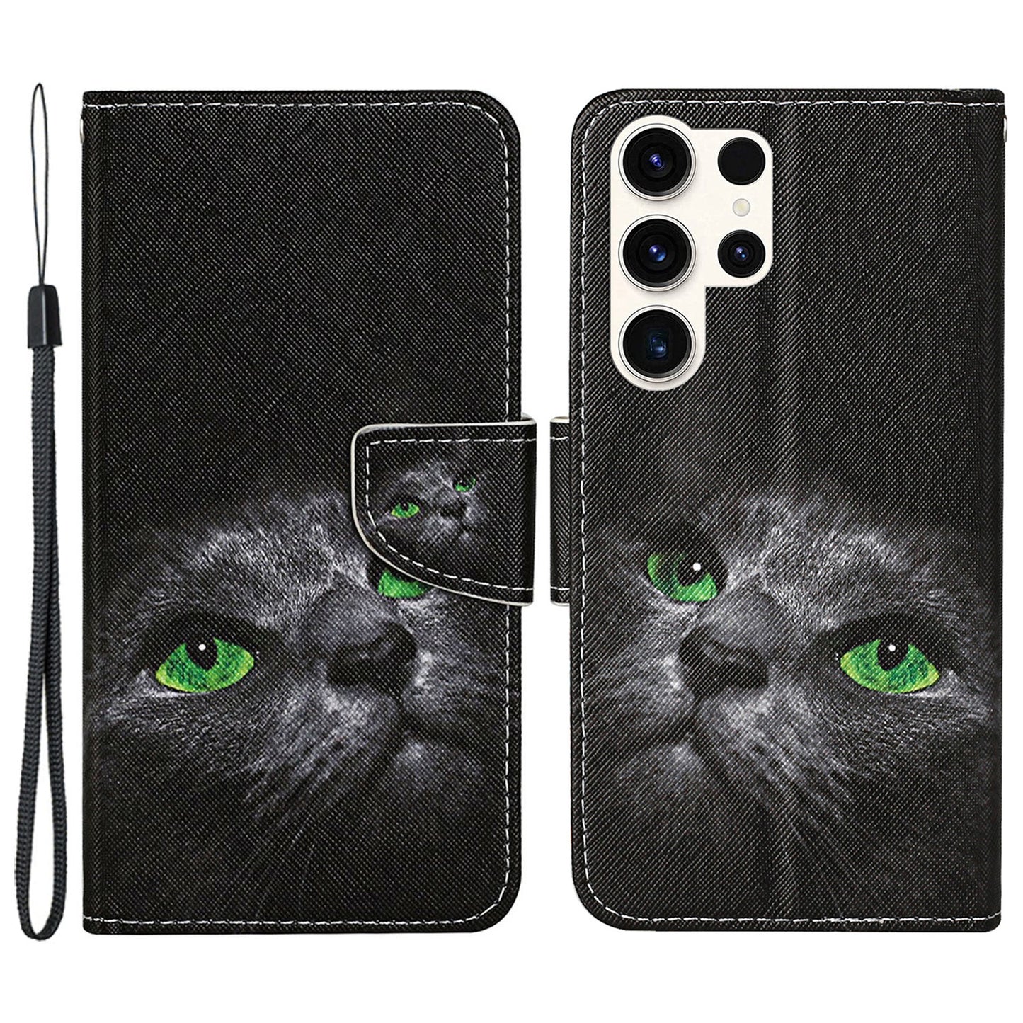 For Samsung Galaxy S24 Ultra PU Leather Case Cross Texture Phone Stand Cover with Wrist Strap - Cat