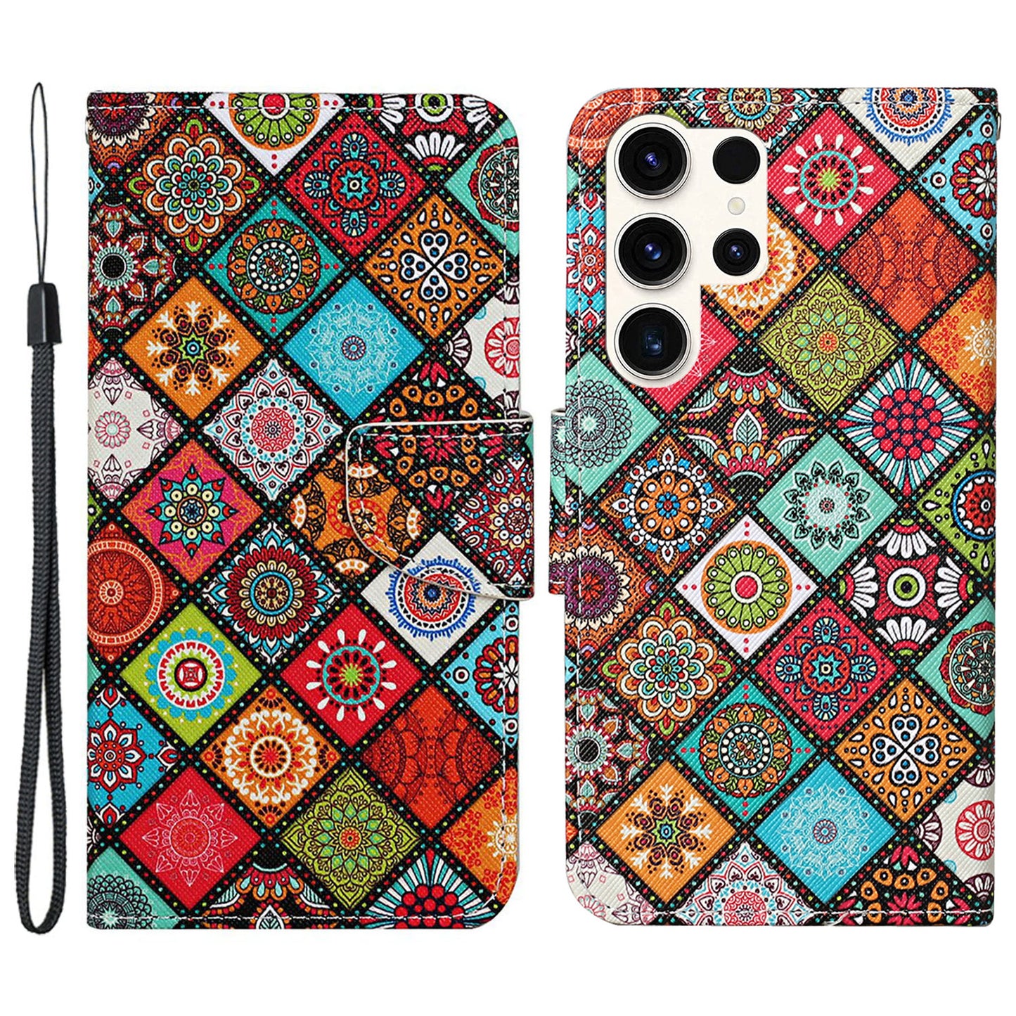 For Samsung Galaxy S24 Ultra PU Leather Case Cross Texture Phone Stand Cover with Wrist Strap - Ethnic Style