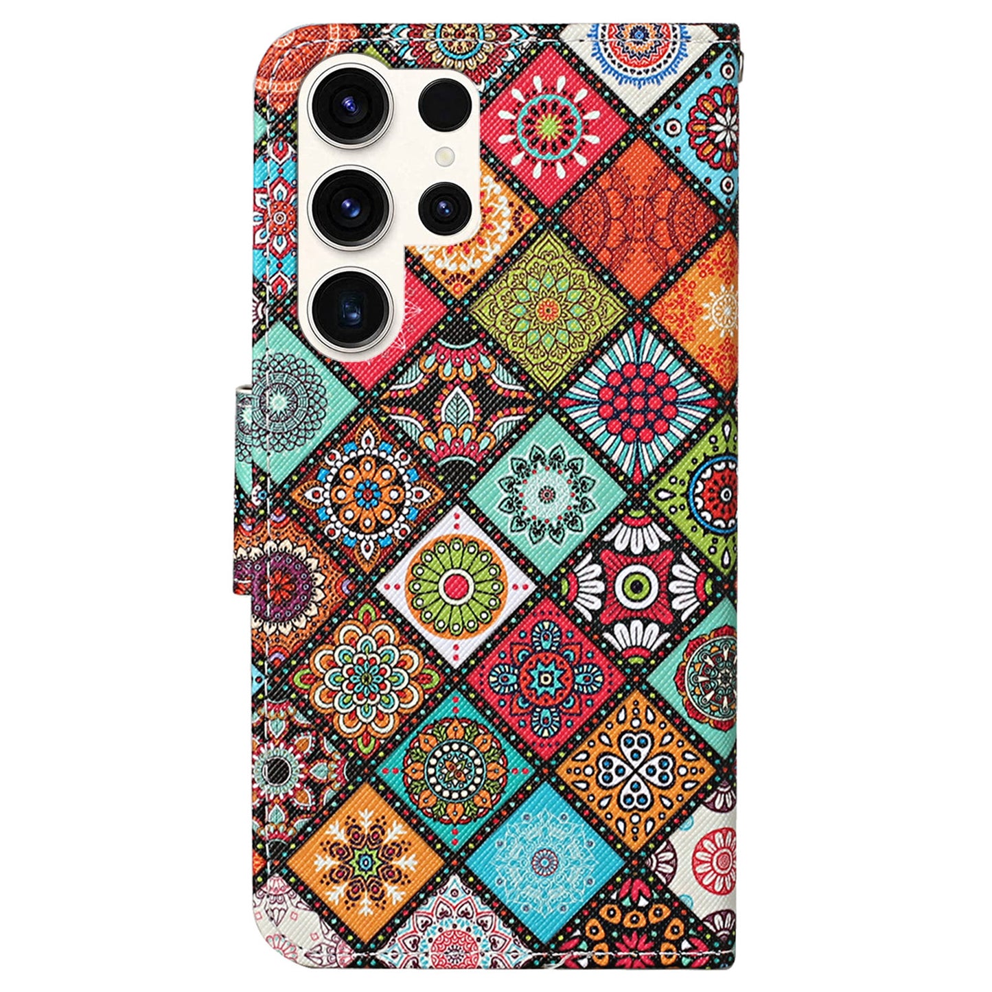 For Samsung Galaxy S24 Ultra PU Leather Case Cross Texture Phone Stand Cover with Wrist Strap - Ethnic Style