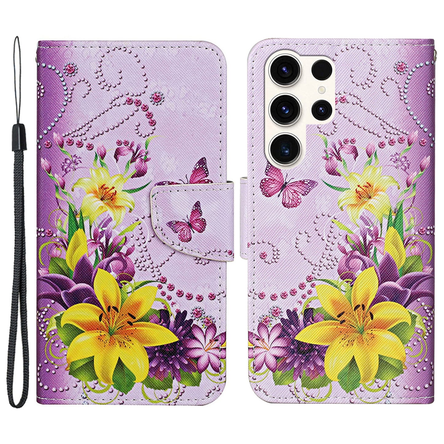 For Samsung Galaxy S24 Ultra PU Leather Case Cross Texture Phone Stand Cover with Wrist Strap - Yellow Flowers  /  Butterflies