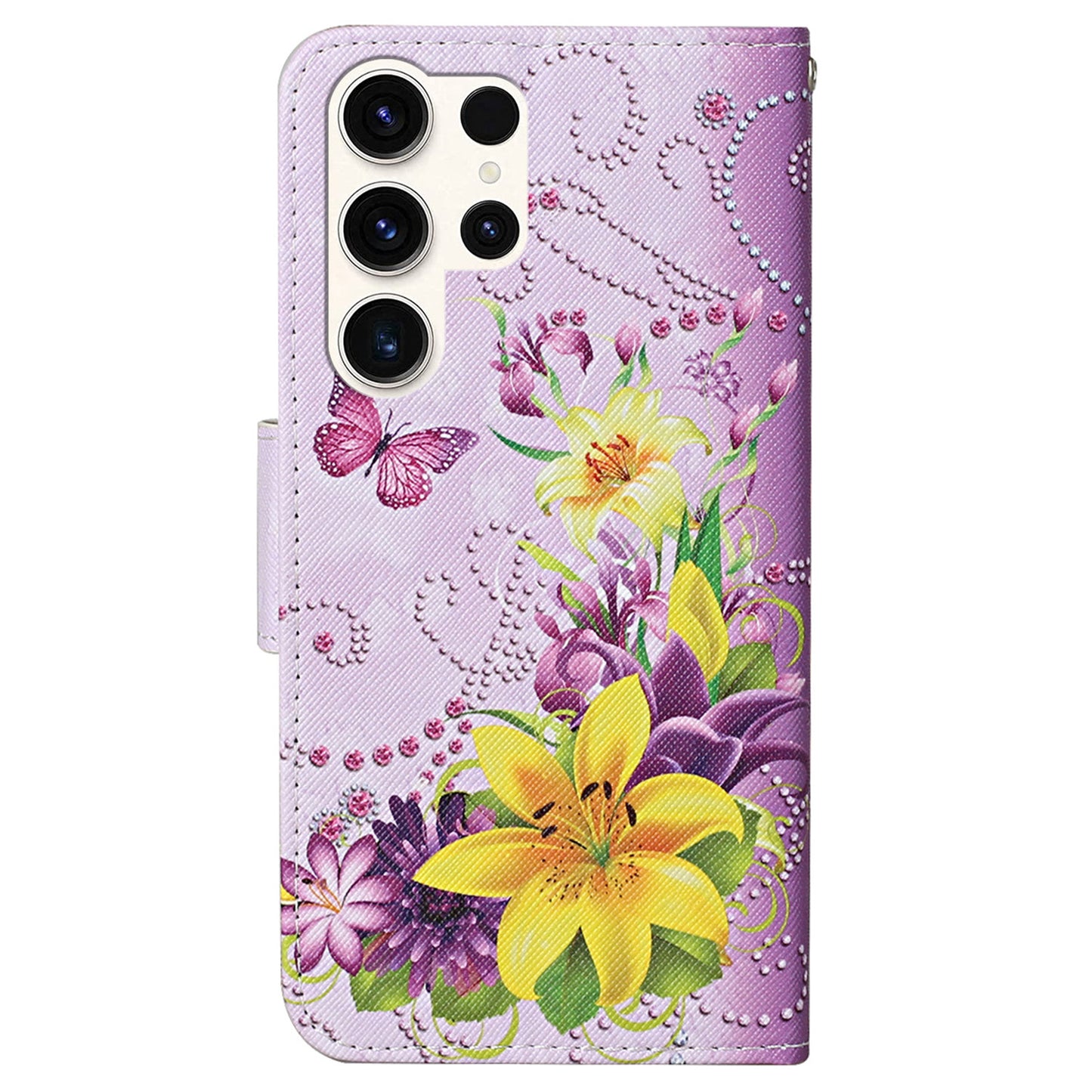 For Samsung Galaxy S24 Ultra PU Leather Case Cross Texture Phone Stand Cover with Wrist Strap - Yellow Flowers  /  Butterflies