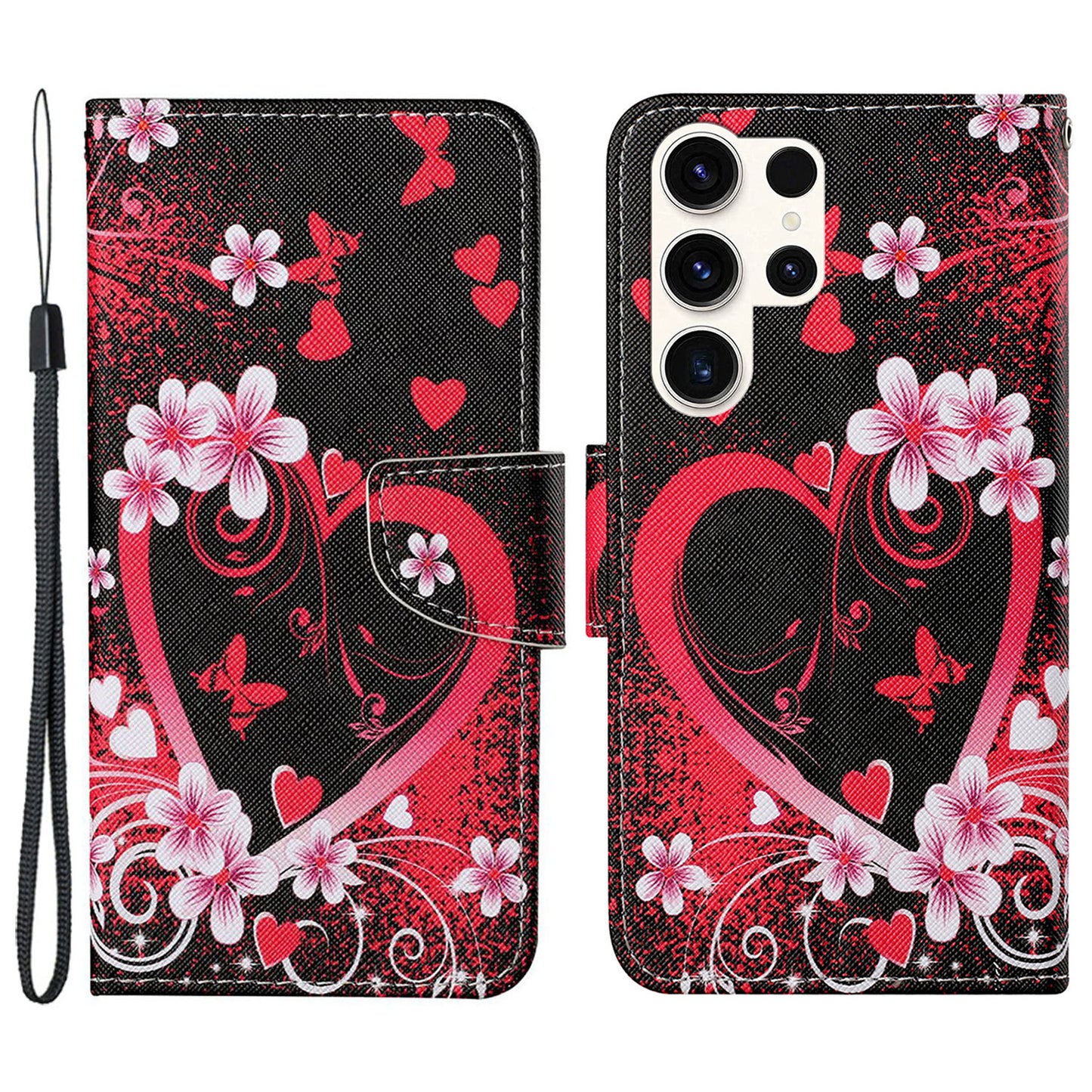 For Samsung Galaxy S24 Ultra PU Leather Case Cross Texture Phone Stand Cover with Wrist Strap - Red Heart