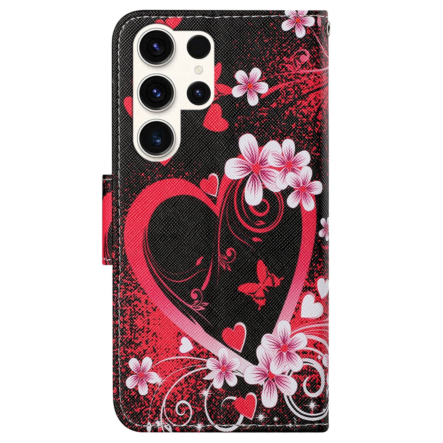 For Samsung Galaxy S24 Ultra PU Leather Case Cross Texture Phone Stand Cover with Wrist Strap - Red Heart