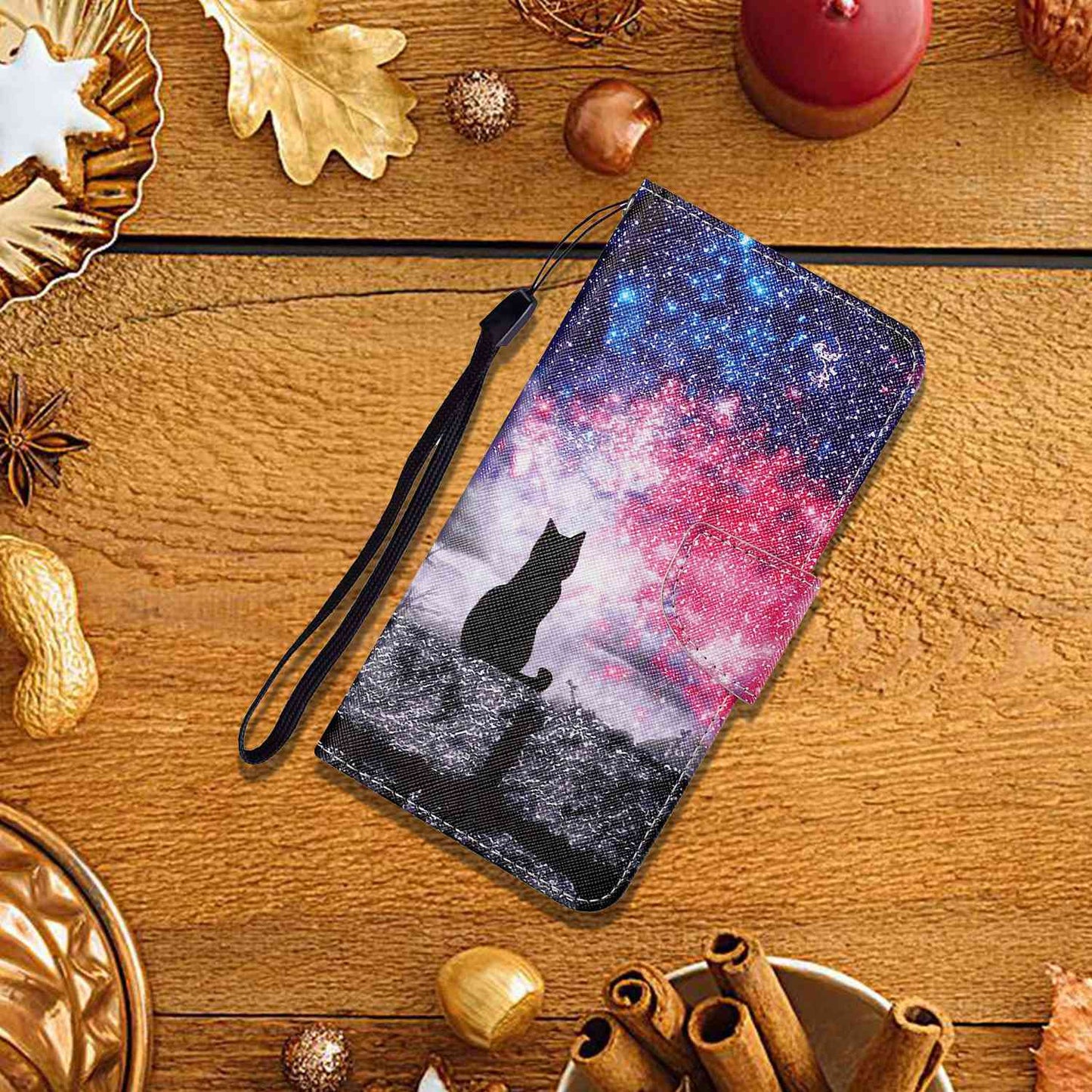 For Samsung Galaxy S24 Ultra PU Leather Case Cross Texture Phone Stand Cover with Wrist Strap - Starry Sky  /  Cat