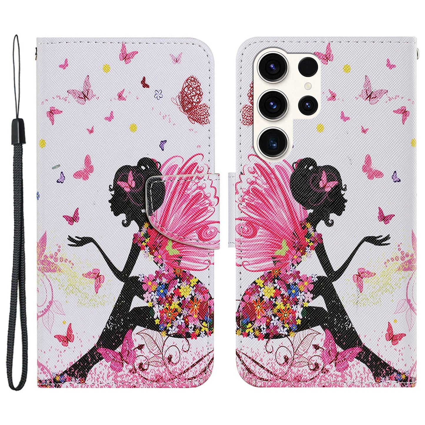 For Samsung Galaxy S24 Ultra PU Leather Case Cross Texture Phone Stand Cover with Wrist Strap - Fairy