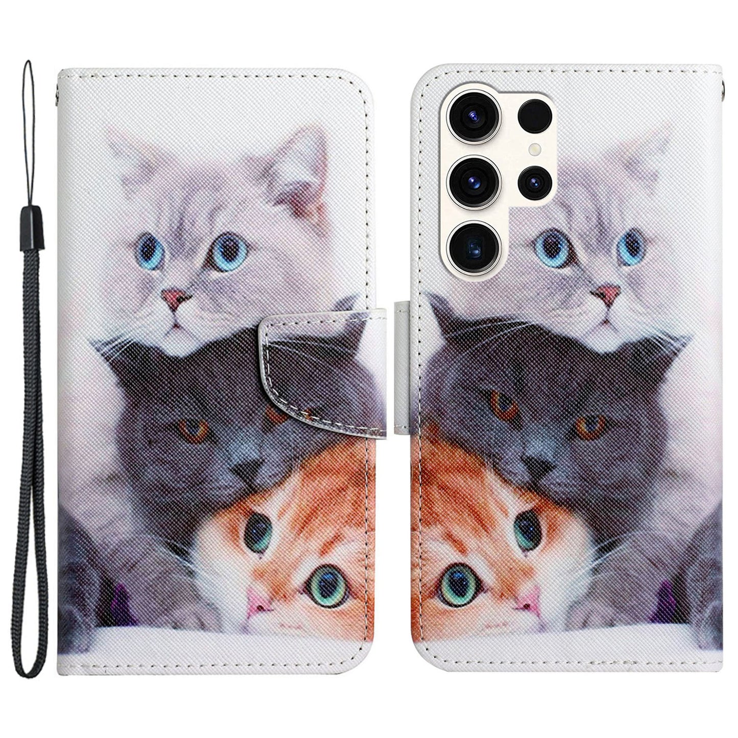 For Samsung Galaxy S24 Ultra PU Leather Case Cross Texture Phone Stand Cover with Wrist Strap - Three Cats