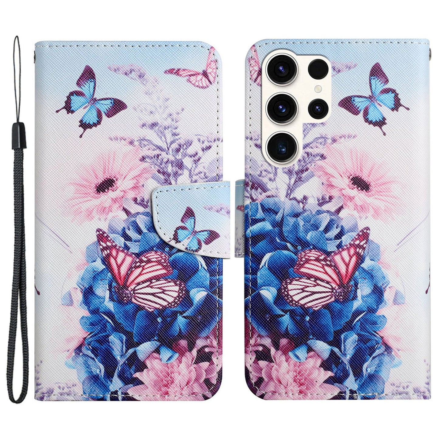 For Samsung Galaxy S24 Ultra PU Leather Case Cross Texture Phone Stand Cover with Wrist Strap - Purple Butterflies