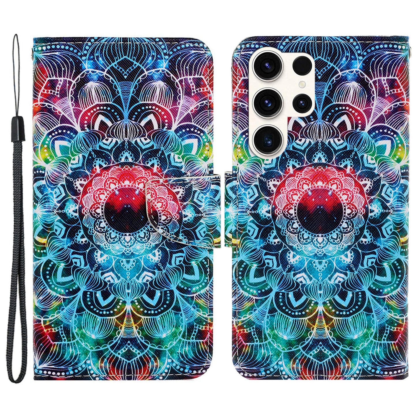 For Samsung Galaxy S24 Ultra PU Leather Case Cross Texture Phone Stand Cover with Wrist Strap - Mandala