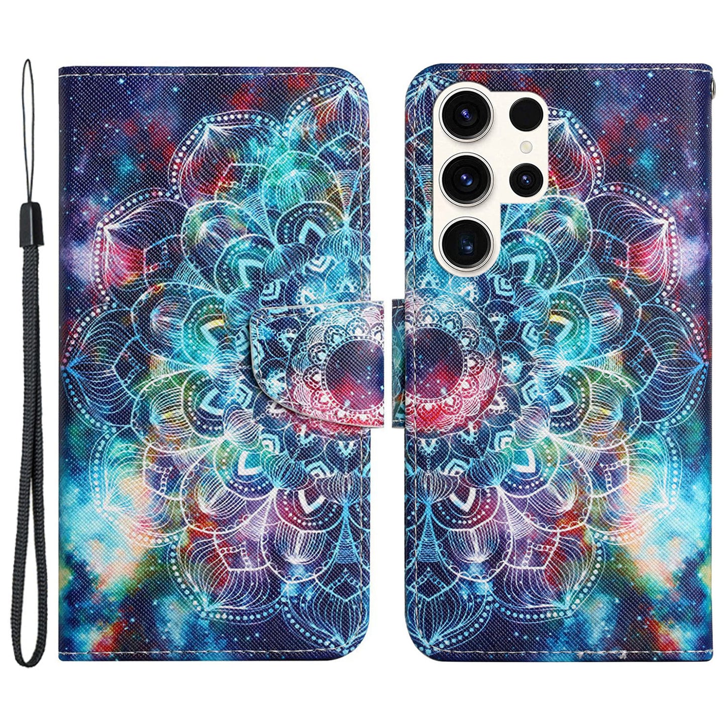 For Samsung Galaxy S24 Ultra PU Leather Case Cross Texture Phone Stand Cover with Wrist Strap - Starry Sky  /  Mandala