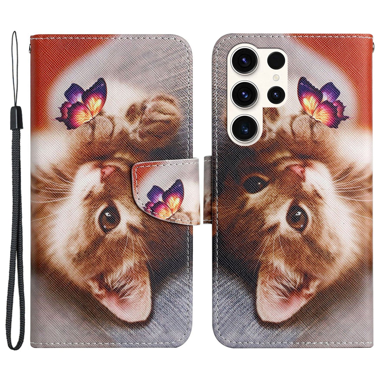 For Samsung Galaxy S24 Ultra PU Leather Case Cross Texture Phone Stand Cover with Wrist Strap - Butterfly  /  Cat
