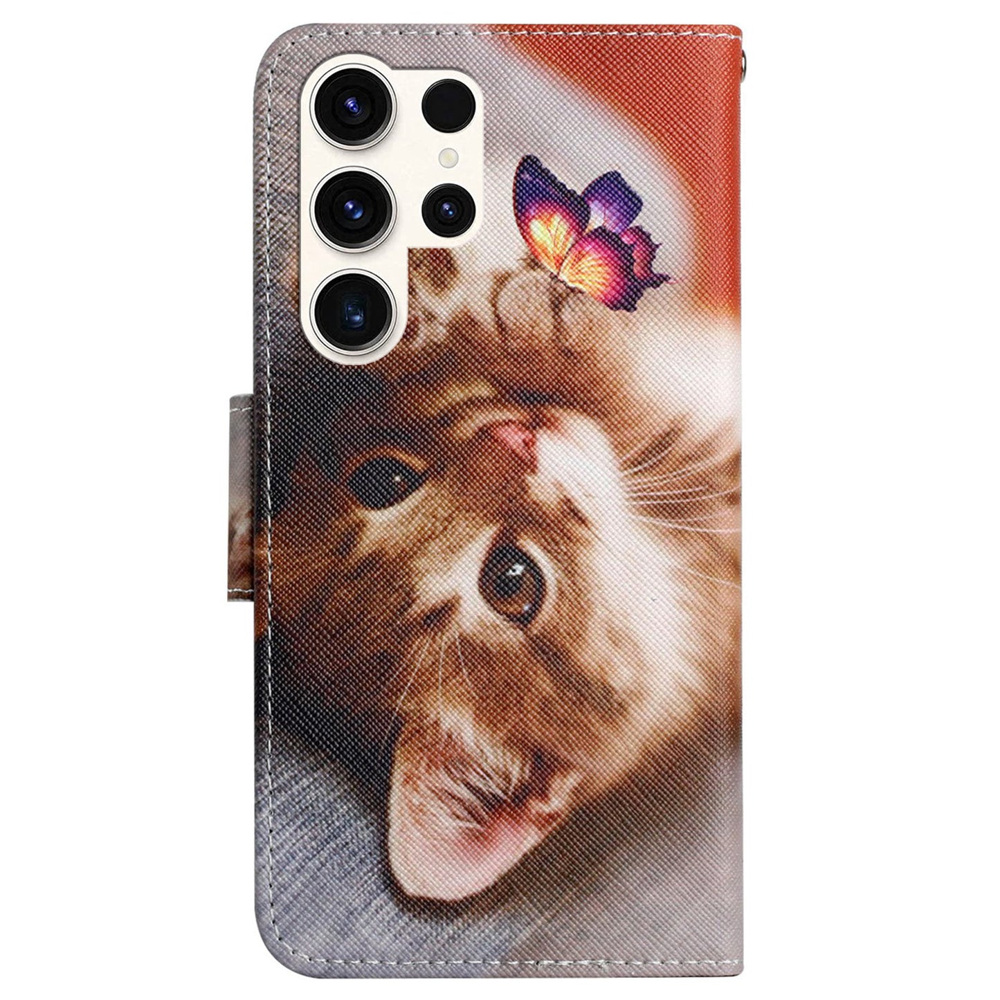 For Samsung Galaxy S24 Ultra PU Leather Case Cross Texture Phone Stand Cover with Wrist Strap - Butterfly  /  Cat