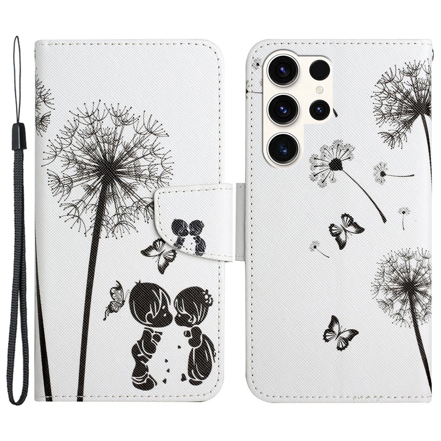 For Samsung Galaxy S24 Ultra PU Leather Case Cross Texture Phone Stand Cover with Wrist Strap - Dandelion