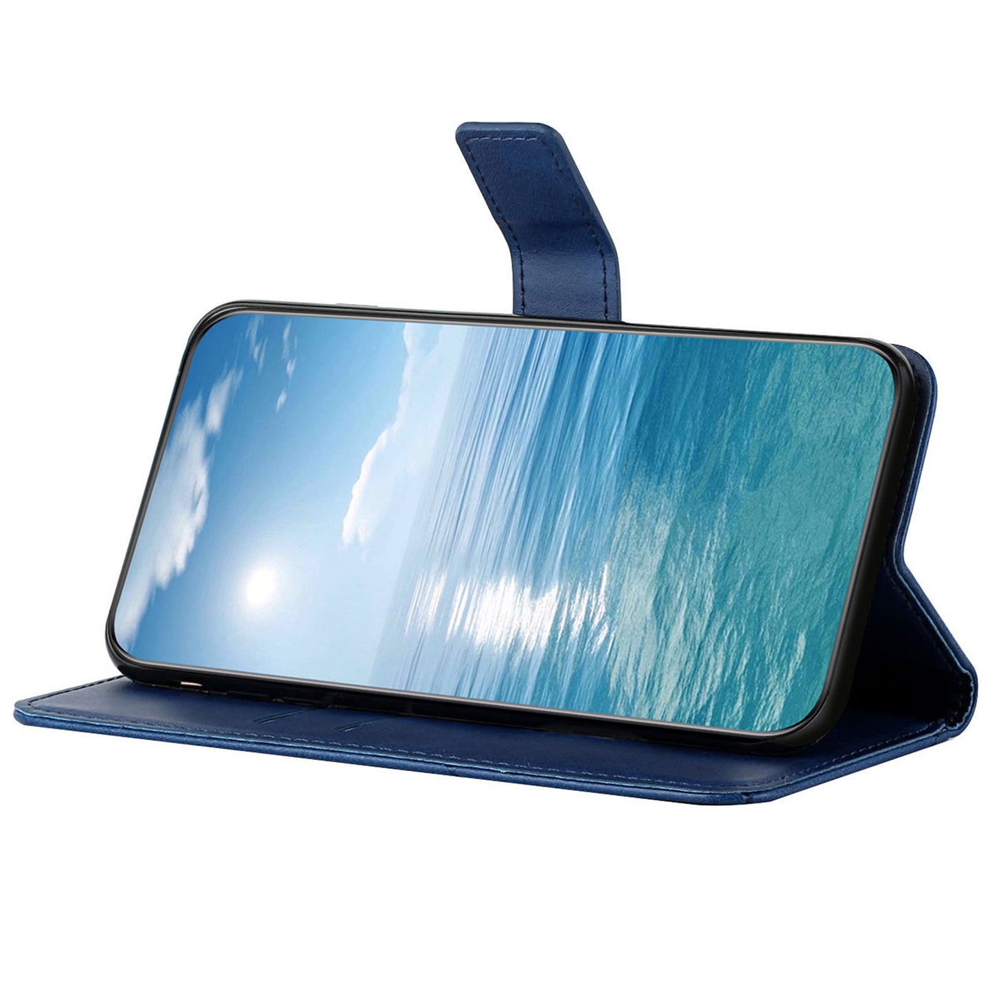 For Samsung Galaxy S24 Cell Phone Case Line Imprinting Solid Color PU Leather Cover with Strap - Blue