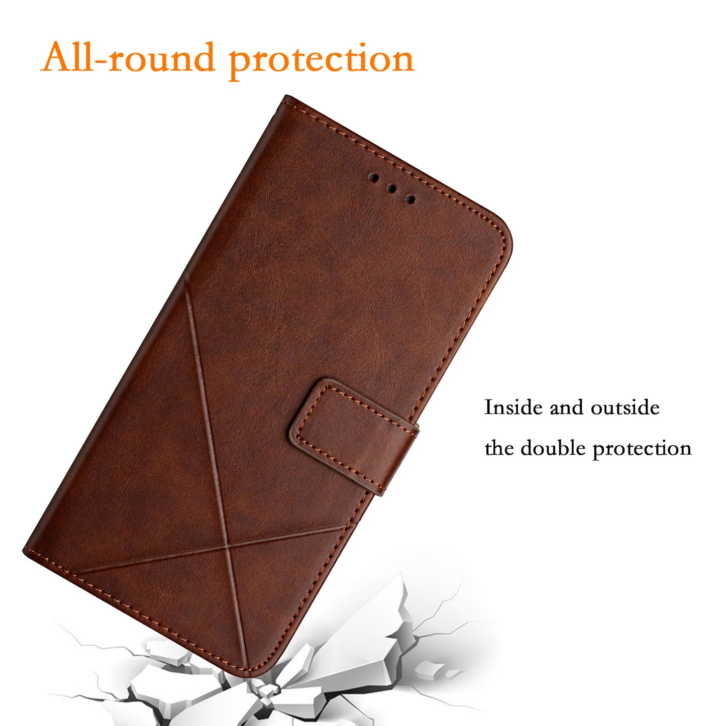For Samsung Galaxy S24 Cell Phone Case Line Imprinting Solid Color PU Leather Cover with Strap - Brown