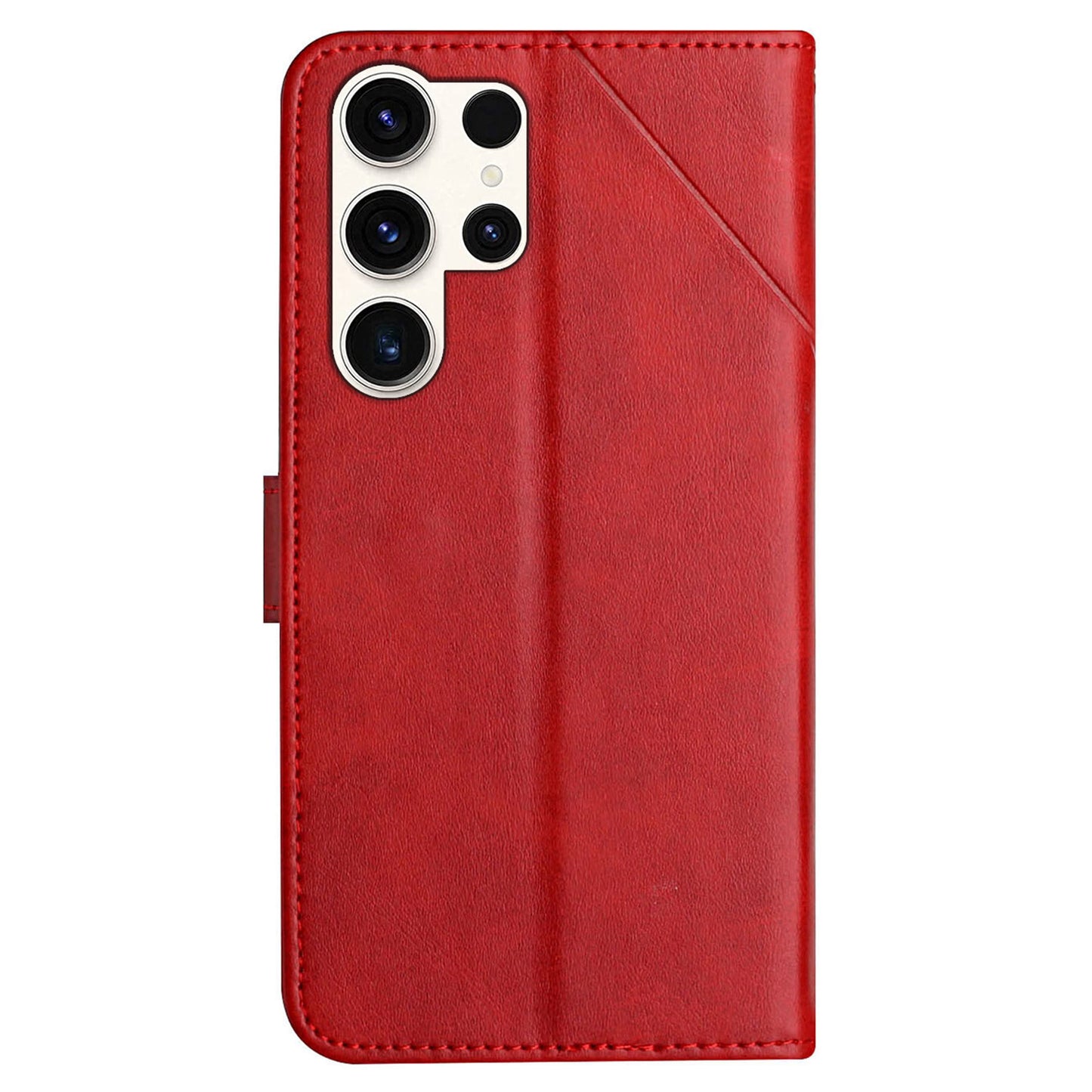 For Samsung Galaxy S24 Ultra Case Solid Color PU Leather Stand Wallet Phone Cover with Wrist Strap - Red